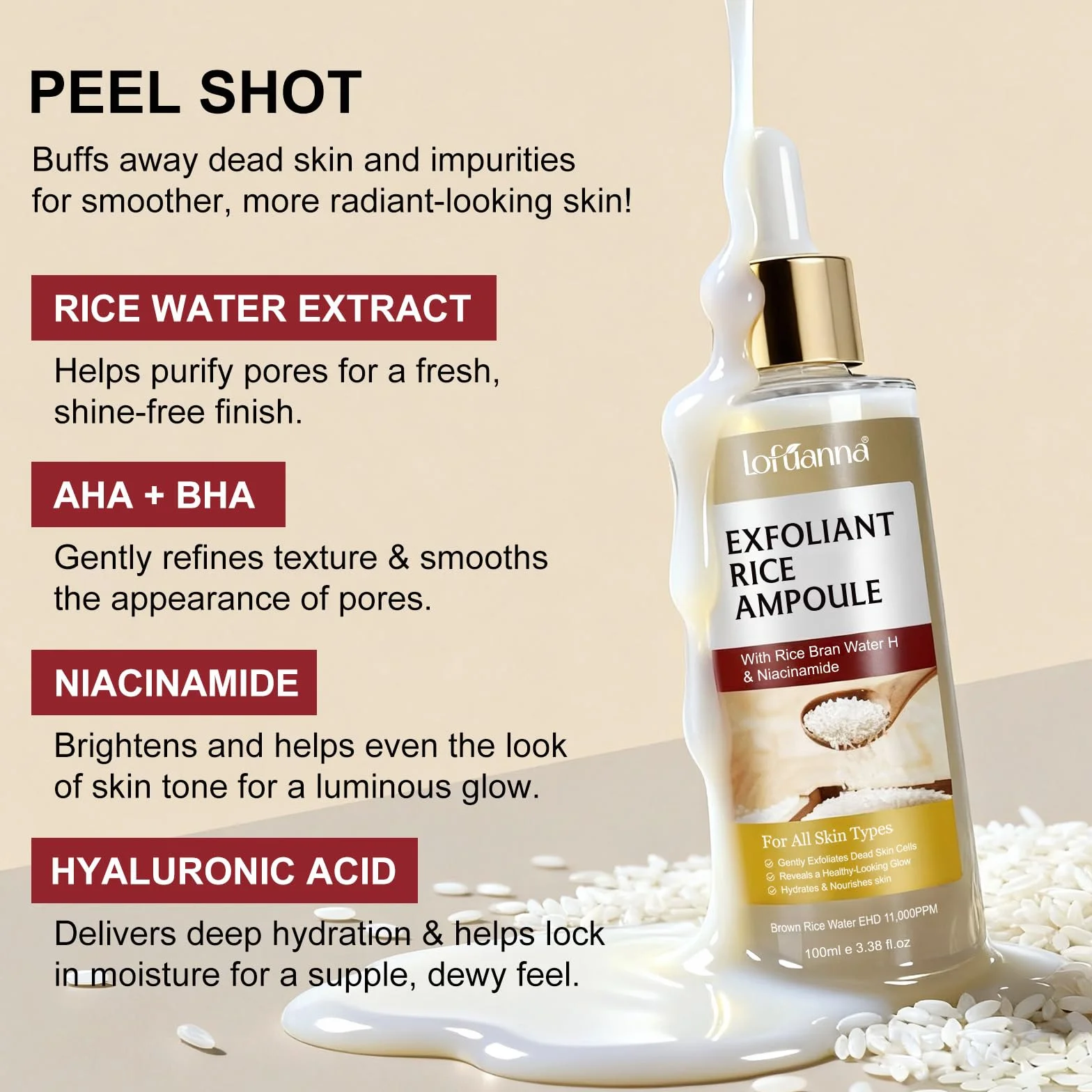 Siero Esfoliante al Riso 100ml, Siero Coreano Esfoliante al Riso, Peeling Viso Delicato,Scrub Viso Anti Punti Neri Rimozione, Riduce Pori, Idratante e Illuminante,Rimuove Cellule Morte,pelli sensibili