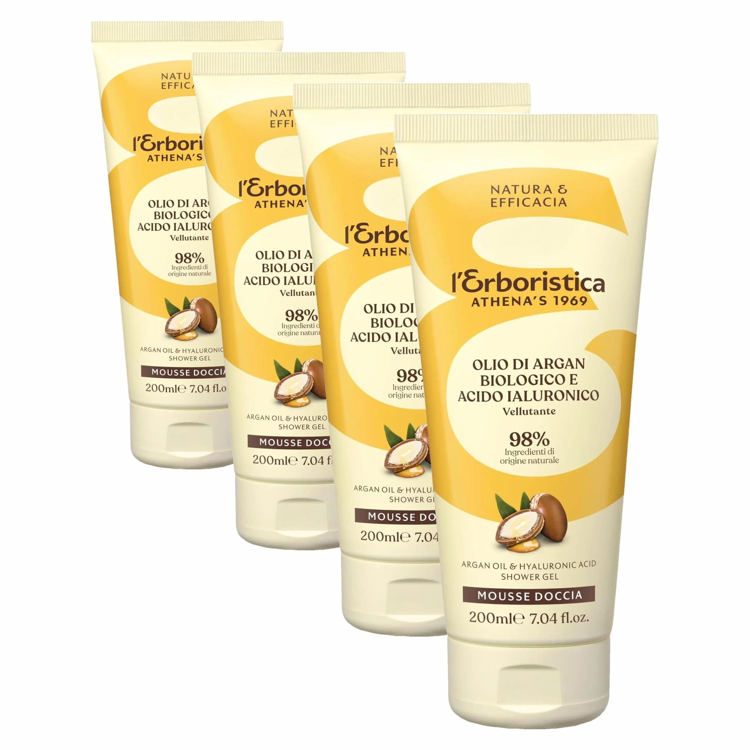 L'Erboristica Athena's - Mousse Doccia all'Olio di Argan Biologico e Acido Ialuronico - Vellutante - 200 ml (Confezione da 4)