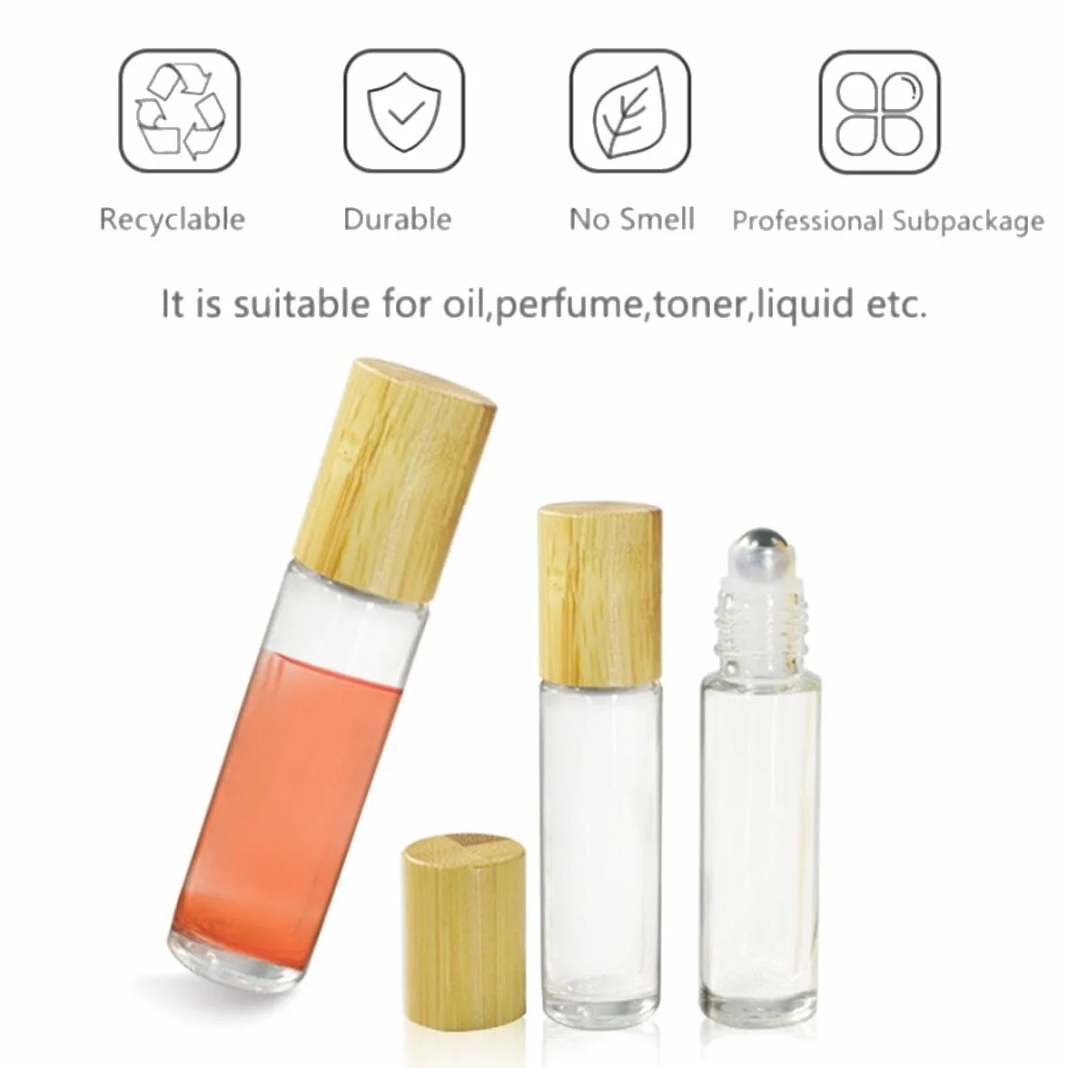 LEEQ 6Pcs Roll-on Bottles Riutilizzabile - Bottiglie di Rullo, Contenitori in Vetro con Sfere in Acciaio Inossidabile e Coperchio di bambù Imitazione per Olio Essenziale Profumi Balsami per Labbra