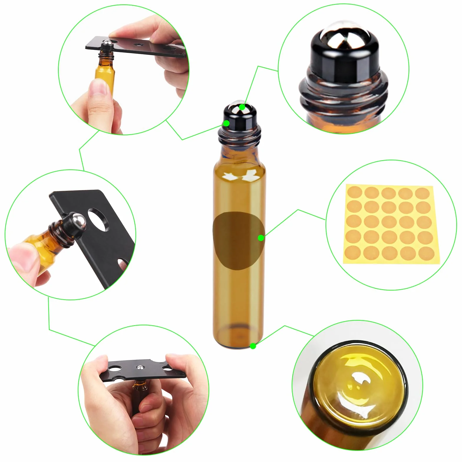 Roll on - Bottiglie di vetro per olio essenziale, 35 pezzi, colore marrone, rollon, vuote, 10 ml, per oli con rullo in acciaio inox, per oli essenziali, lozioni, profumi, massaggi