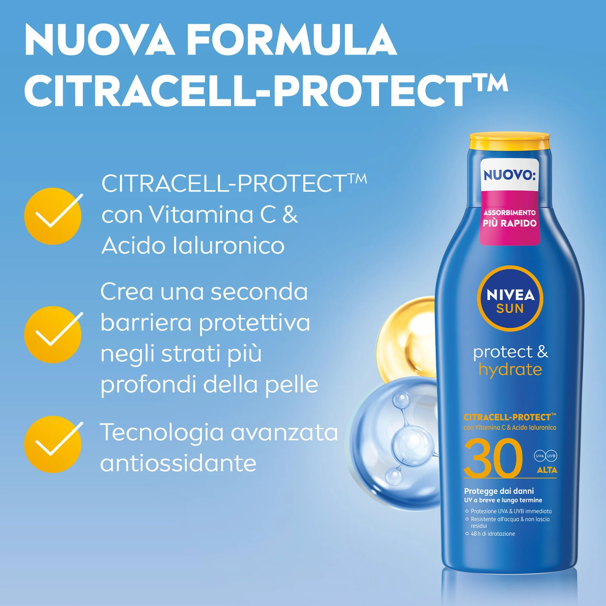 NIVEA SUN Protect & Hydrate Crema Solare SPF 30 200 ml Idratante 48h Resistente all'Acqua Vitamina C Acido Ialuronico