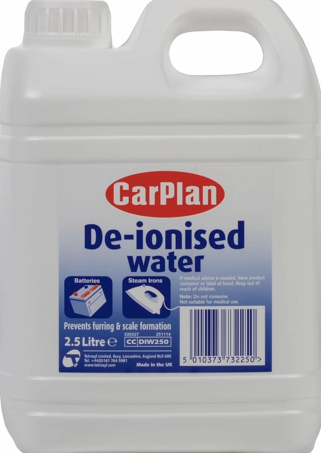 CarPlan Acqua Deionizzata 2.5 Litri Classe A+++ per Batterie e Ferri da Stiro a Vapore