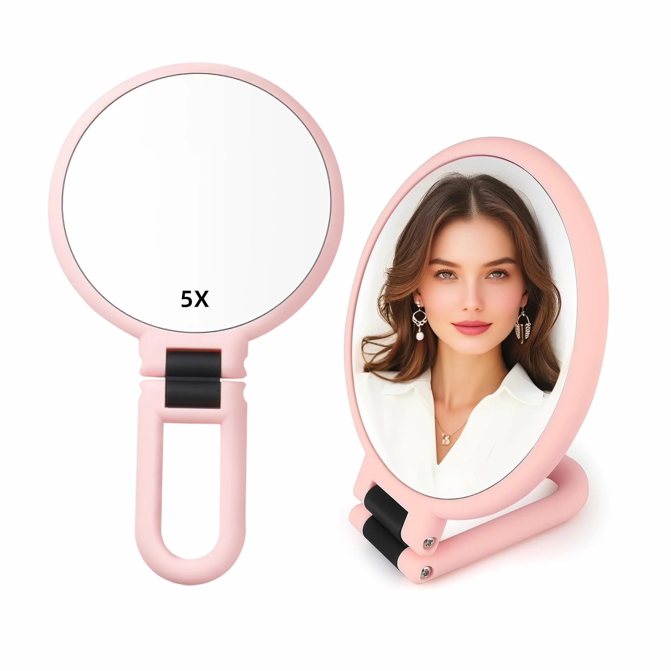 Specchio portatile 1X 5X con manico ingranditore pieghevole a doppia faccia per trucco viaggio