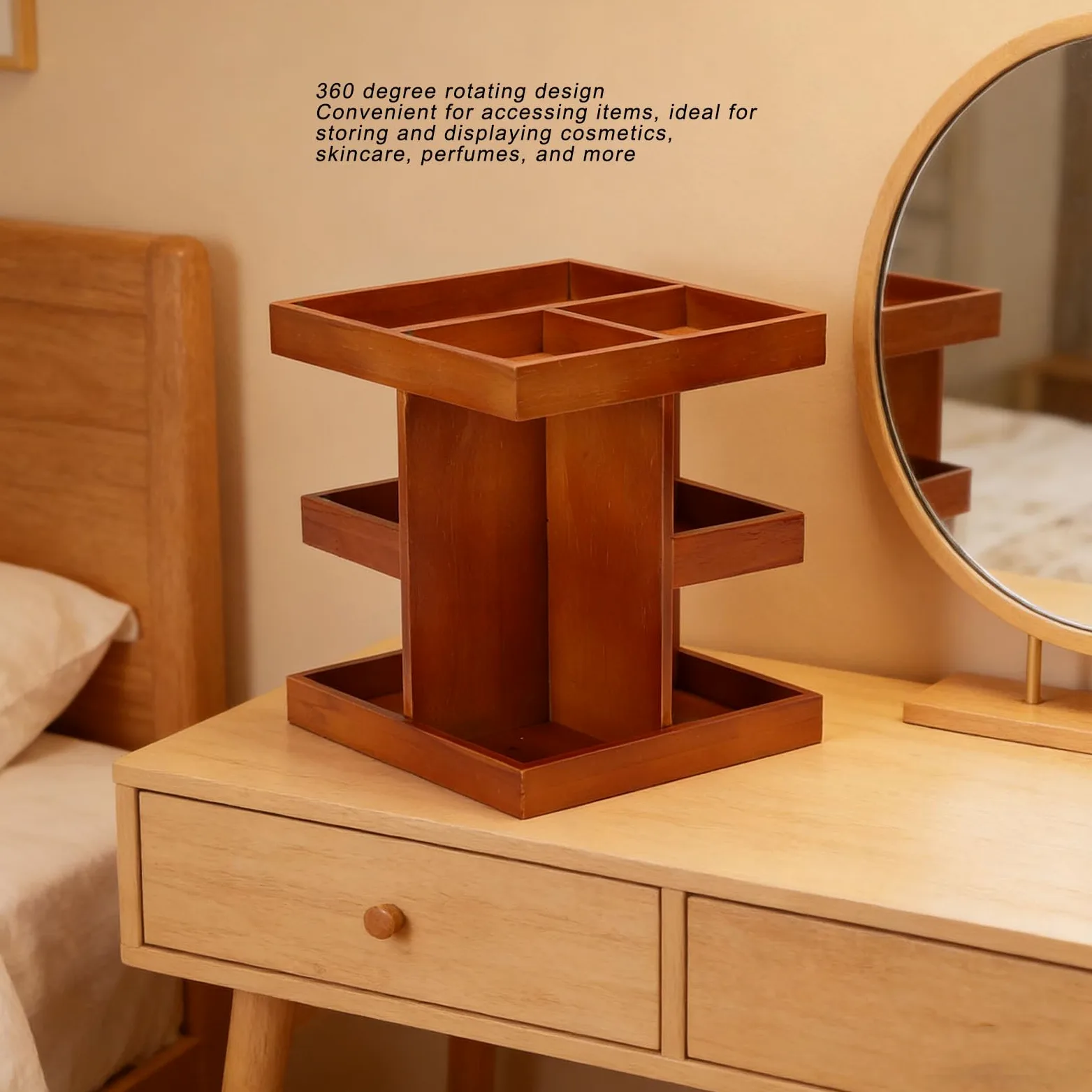 Organizzatore Girevole per Trucchi, Scaffale da Scrivania in Legno Girevole a 360 Gradi, Espositore per Cosmetici con Scomparti Multistrato per Cura della Pelle, Trucco, Profumi, Camera da