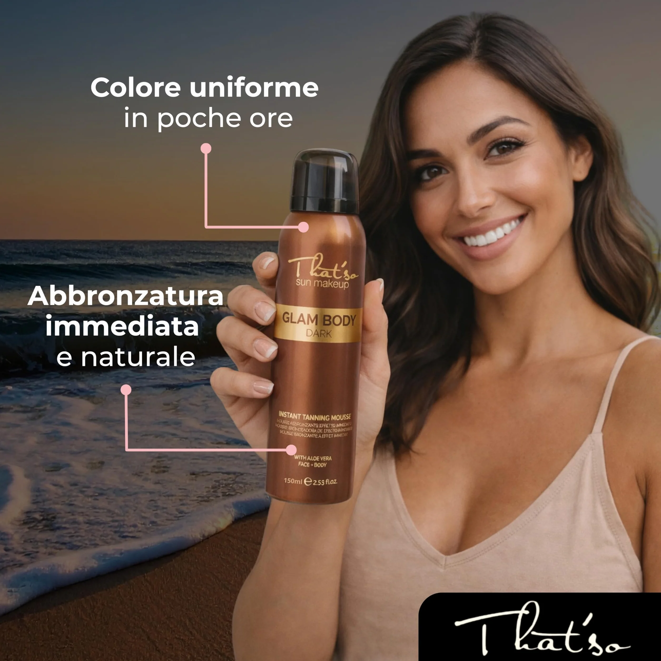 That’so Glam Body Mousse Autoabbronzante Viso e Corpo 150 ml Abbronzatura Intensa con DHA e Aloe Vera