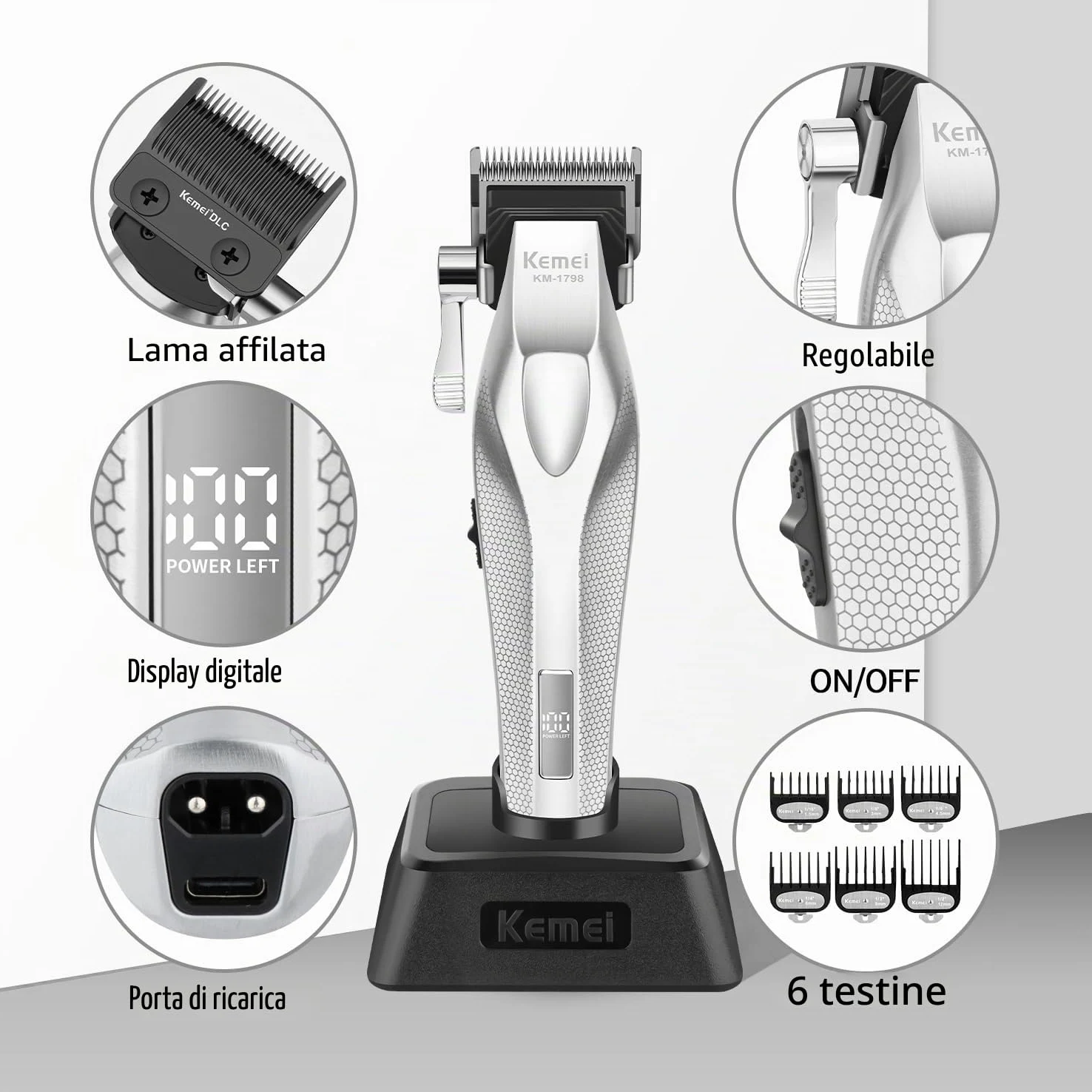 KEMEI Trimmer KM-1798 - Tagliacapelli da uomo | Regolabarba senza fili, tagliacapelli da barbiere con USB ricaricabile, tagliacapelli, dissolvenza, regalo per uomini