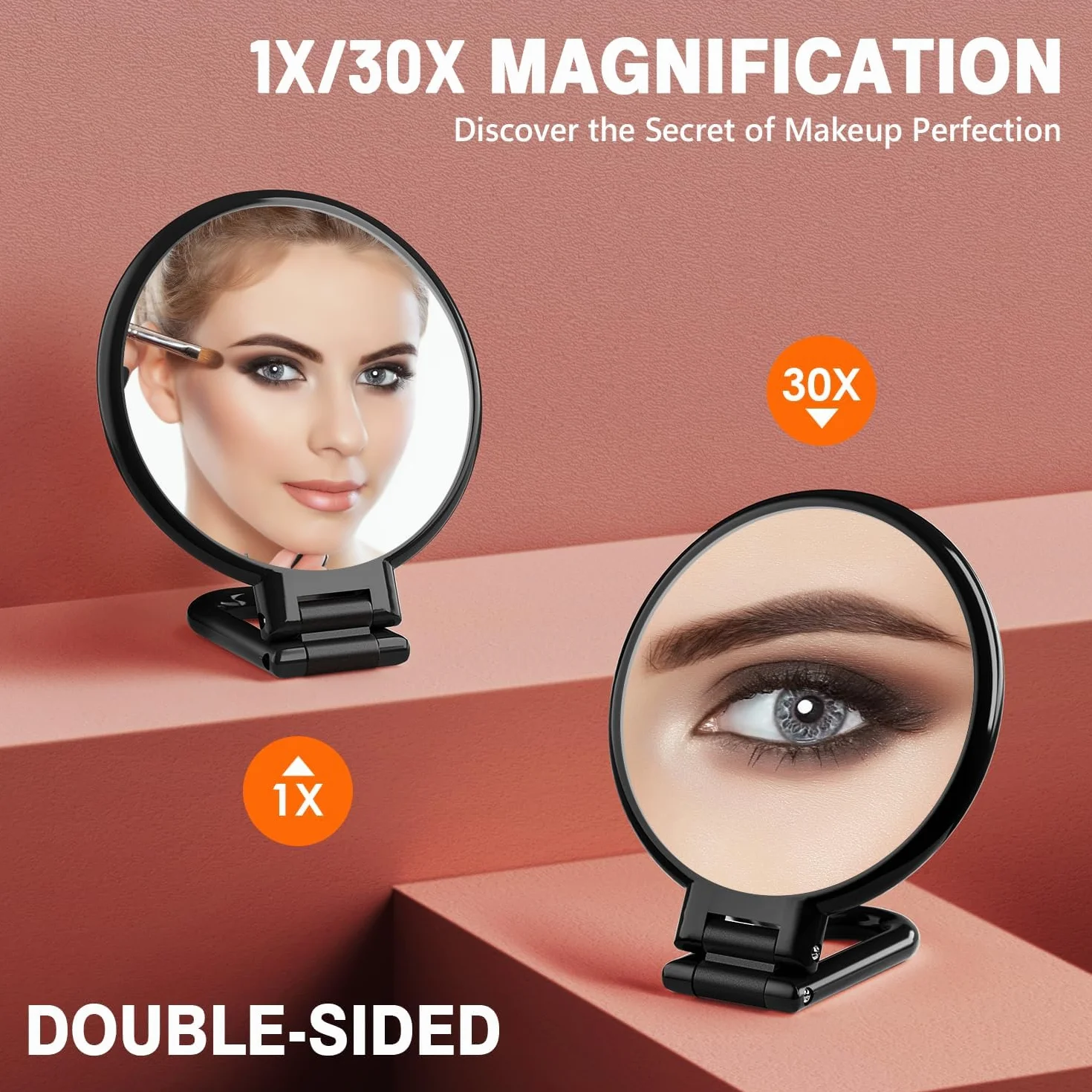 Auxmir Specchio Ingranditore Bifacciale 30X/1X, Specchio a Mano 14CM, Alta Definizione, Portatile, Pieghevole, Appendibile, Specchio Trucco da Viaggio per Trucco, Cura del Viso, Nero