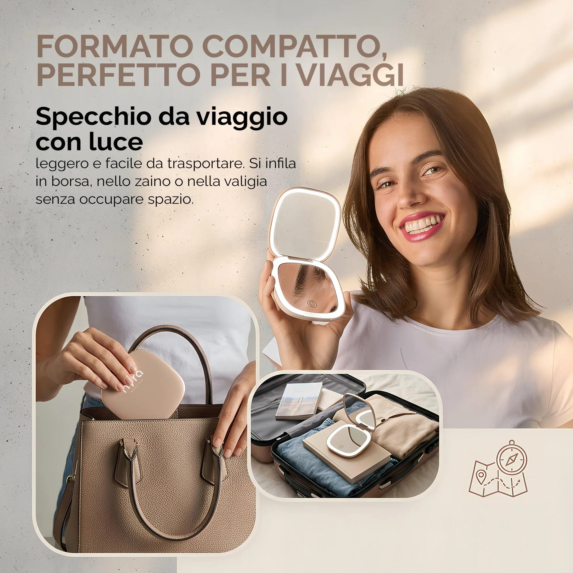 Specchio da viaggio a LED ricaricabile Nyra, 3 modalità luce, luminosità regolabile, ingrandimento x1 x3, batteria 400 mAh, ricarica tipo C