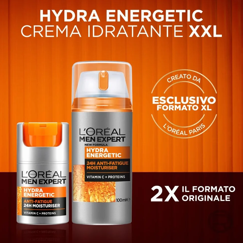 L'Oréal Paris Men Expert Crema Idratante Anti-Fatica Uomo, Pelle Rivitalizzata, Levigata e Idratata, Occhiaie e Rughe Sottili Ridotte, Arricchita con Proteine e Vitamina C, Hydra Energetic, 100 ml