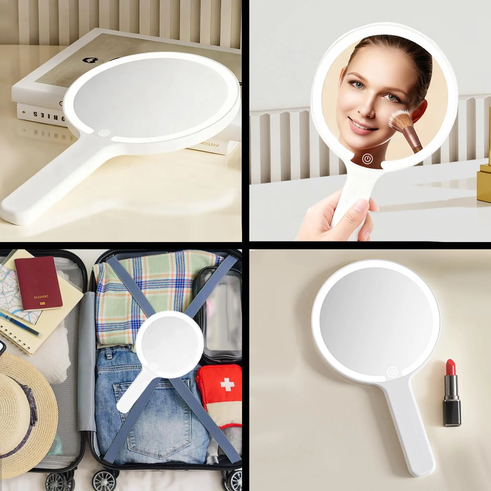 Specchio a Mano con Luce, Specchio da Trucco Ricaricabile Portatile, Interruttore Tocco, 3 Colori Chiari