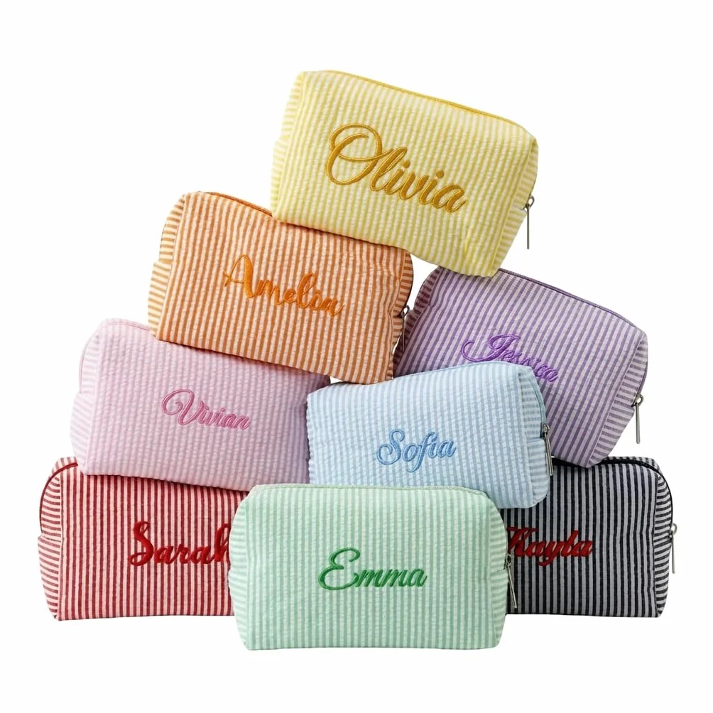 Personalizzato Ricamato Seersucker Makeup Bag, Sacchetto Cosmetico a Righe, Borsa da Toilette Leggera di Viaggio Grande Capacità