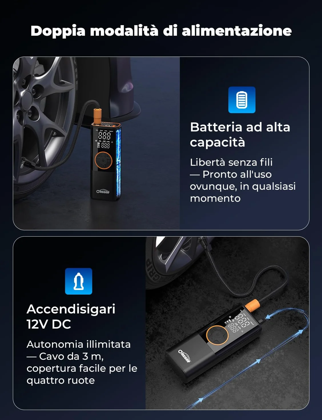 Oasser Compressore Aria Portatile 150PSI 6000mAh Doppio Schermo LCD Spegnimento Automatico Torcia LED