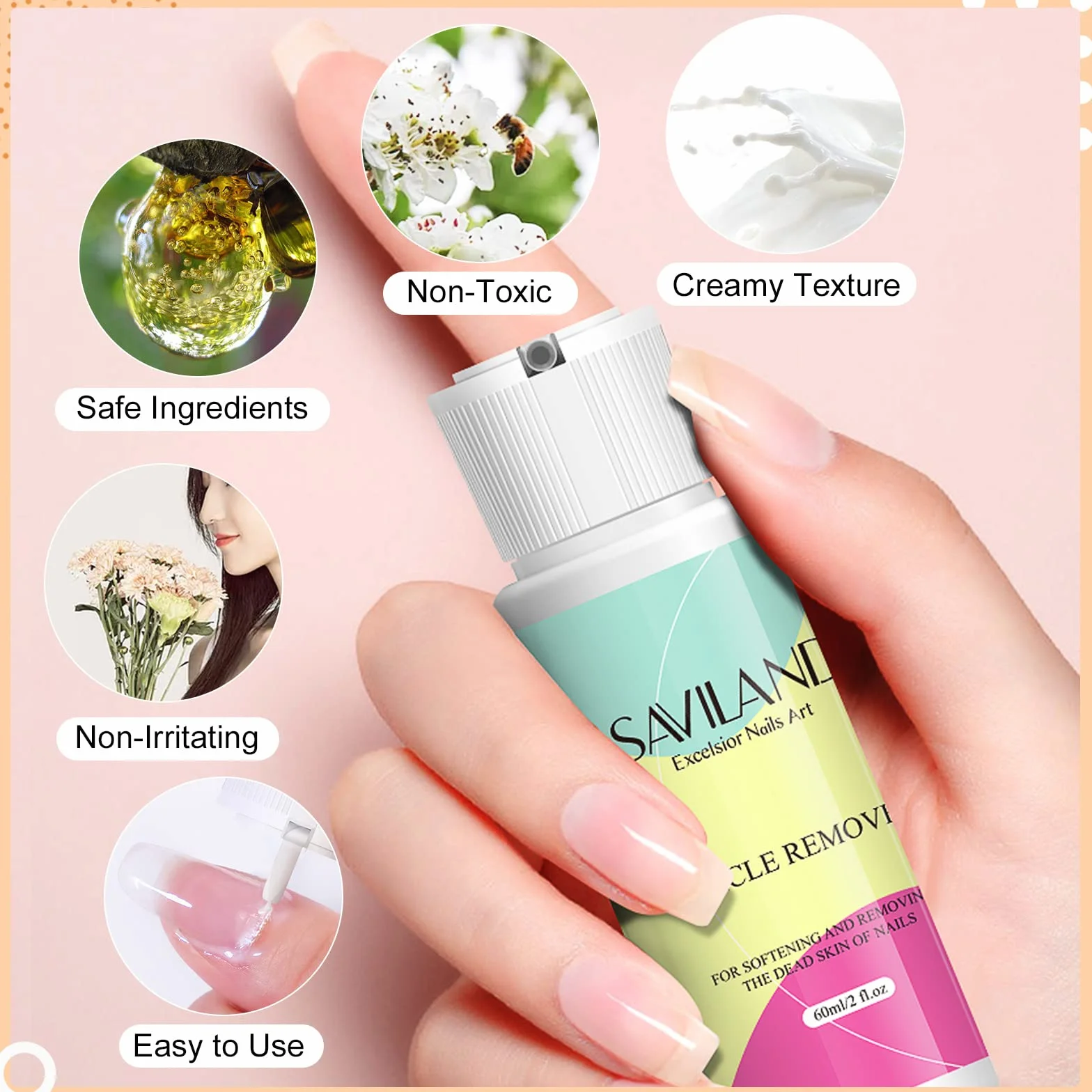 Saviland Set di Strumenti per la Rimozione Delle Cuticole, 60 ml di Liquido per la Rimozione delle Cuticole con Taglierina, Tronchesino, Tronchesino e Spingi Cuticole per le Mani, Piedi