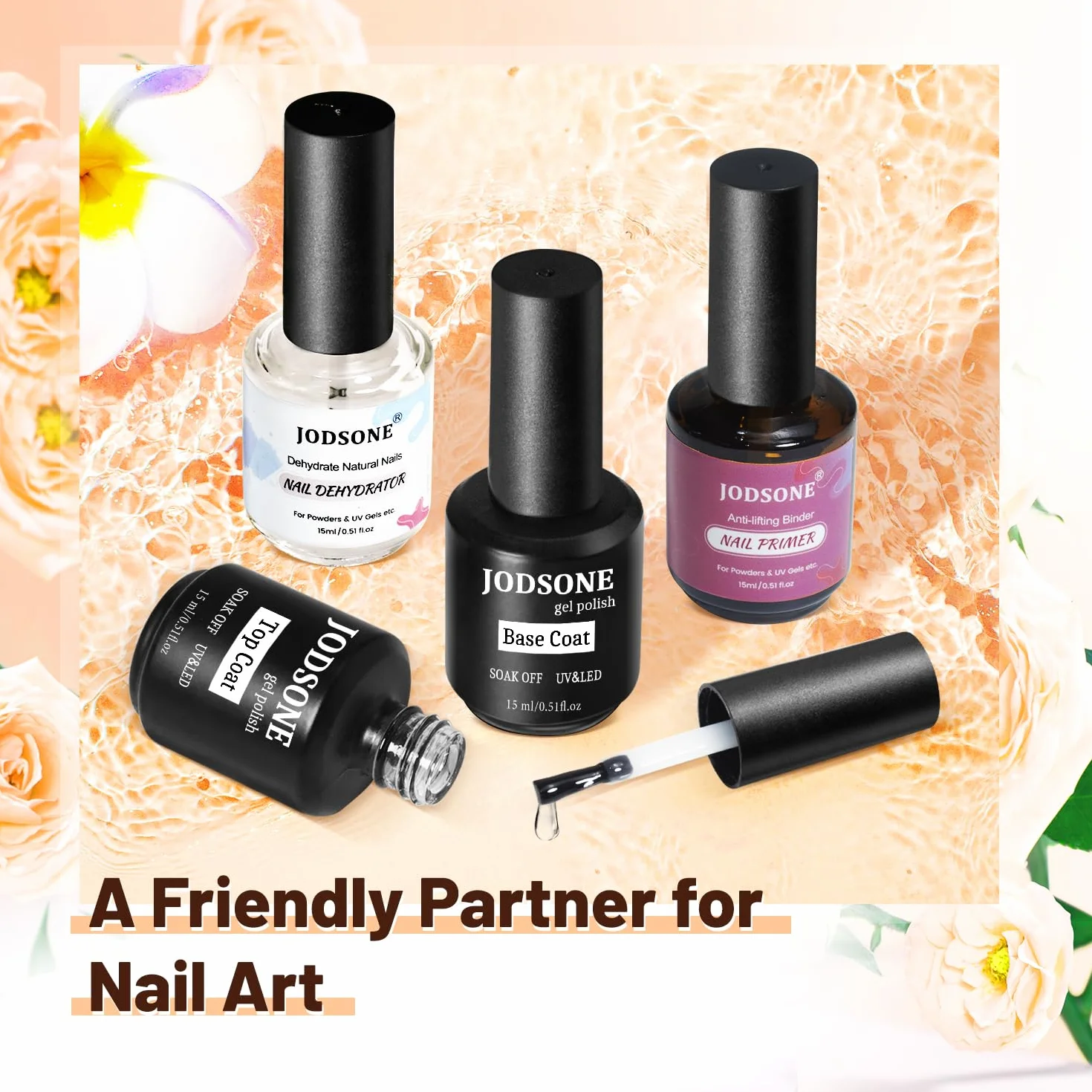JODSONE Base e Top Coat Semipermanente 15ML x 4, Disidratatore Primer per Unghie, Asciugatura Rapida Durevole
