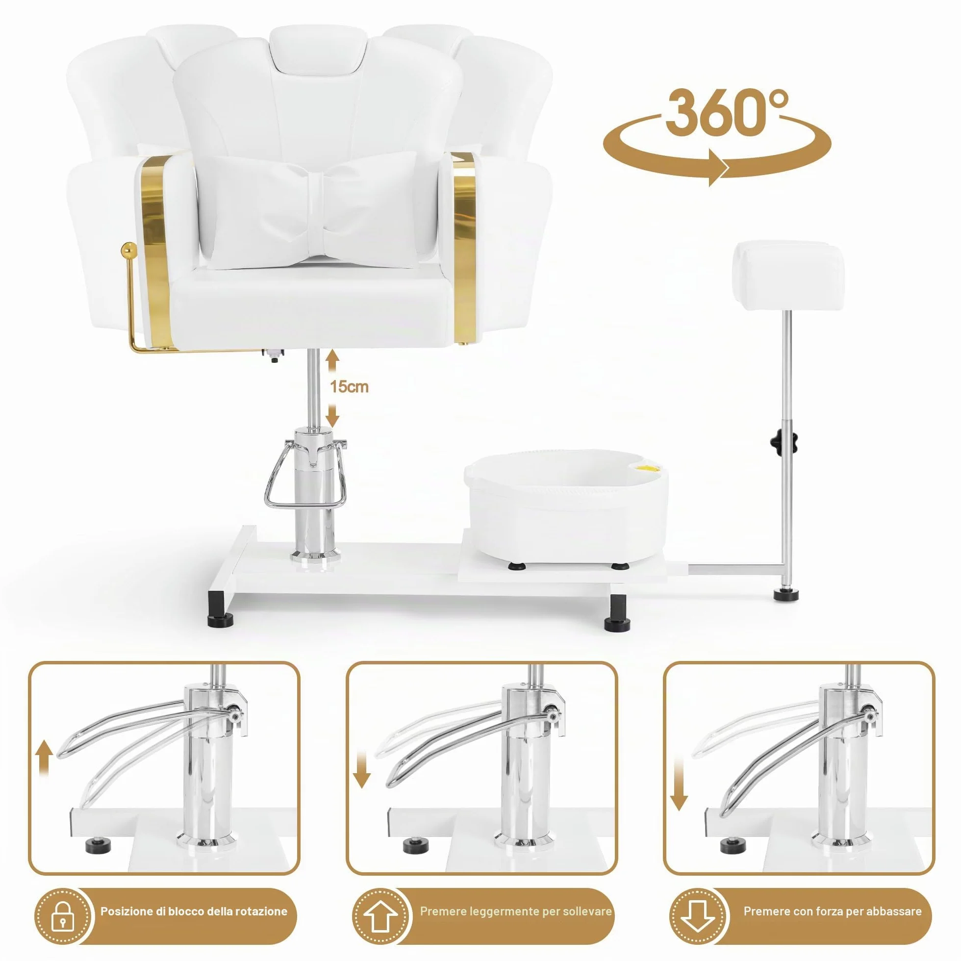 Barberpub Sedia da pedicure con vasca e sgabello, sedia da parrucchiere regolabile e inclinabile, per salone unghie retro F0371 (Oro-Bianco)