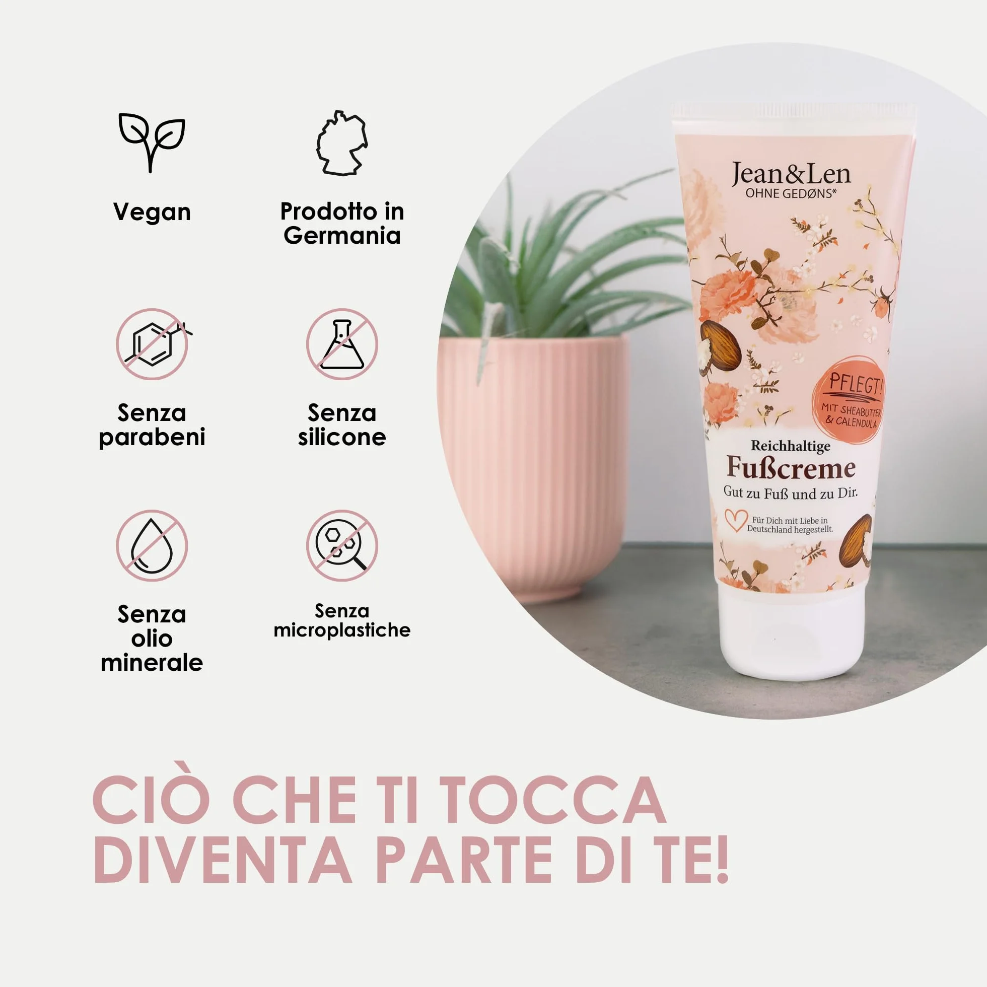 Jean & Len crema piedi burro di karité e calendula, per pelle secca e stressata, cura a fondo e rende i piedi morbidi, profumo rosmarino e zenzero, Foot Cream, senza parabeni e siliconi, 100 ml