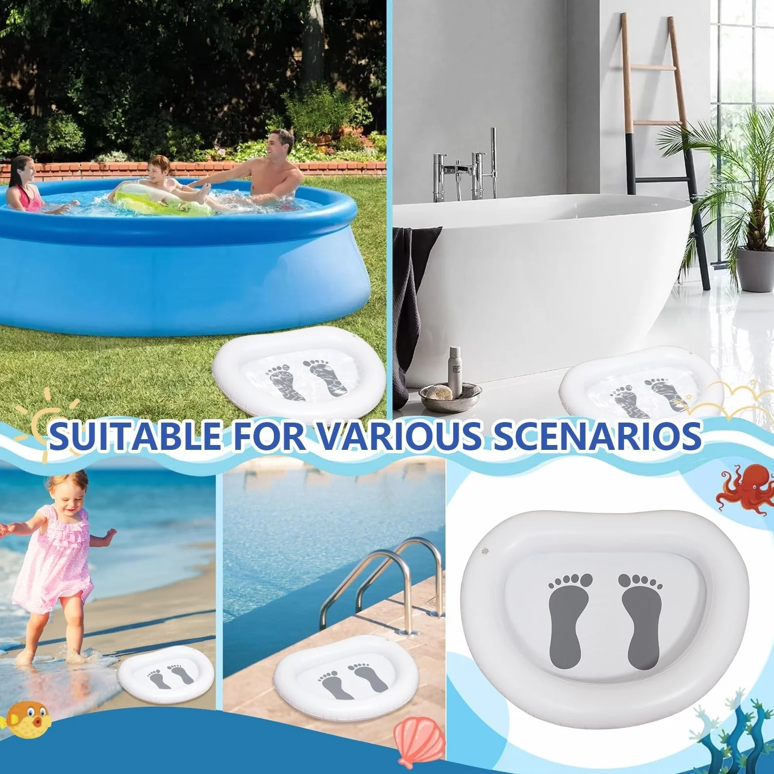 Pediluvio Gonfiabile per Piscina, Vaschetta Lavapiedi per Piscina, Bacinella Gonfiabile per Pediluvio Portatile con Pompa dell'aria, Accessori per Scale di Ingresso Piscina, Piagge (A)