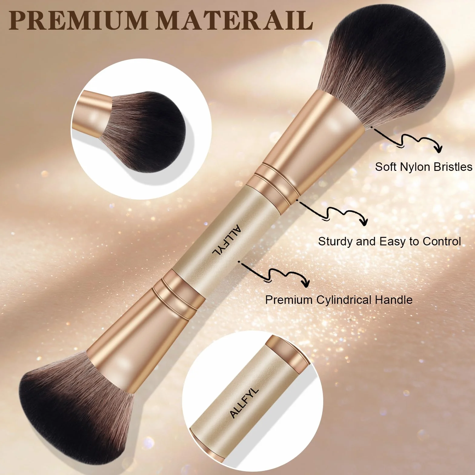 Set 6 Pennelli Doppi Trucco Professionali, Champagne, Pennello Fondotinta incluso, Pennelli Make Up per Viso Contour Occhi Labbra, Confezione Regalo da Viaggio per Donne