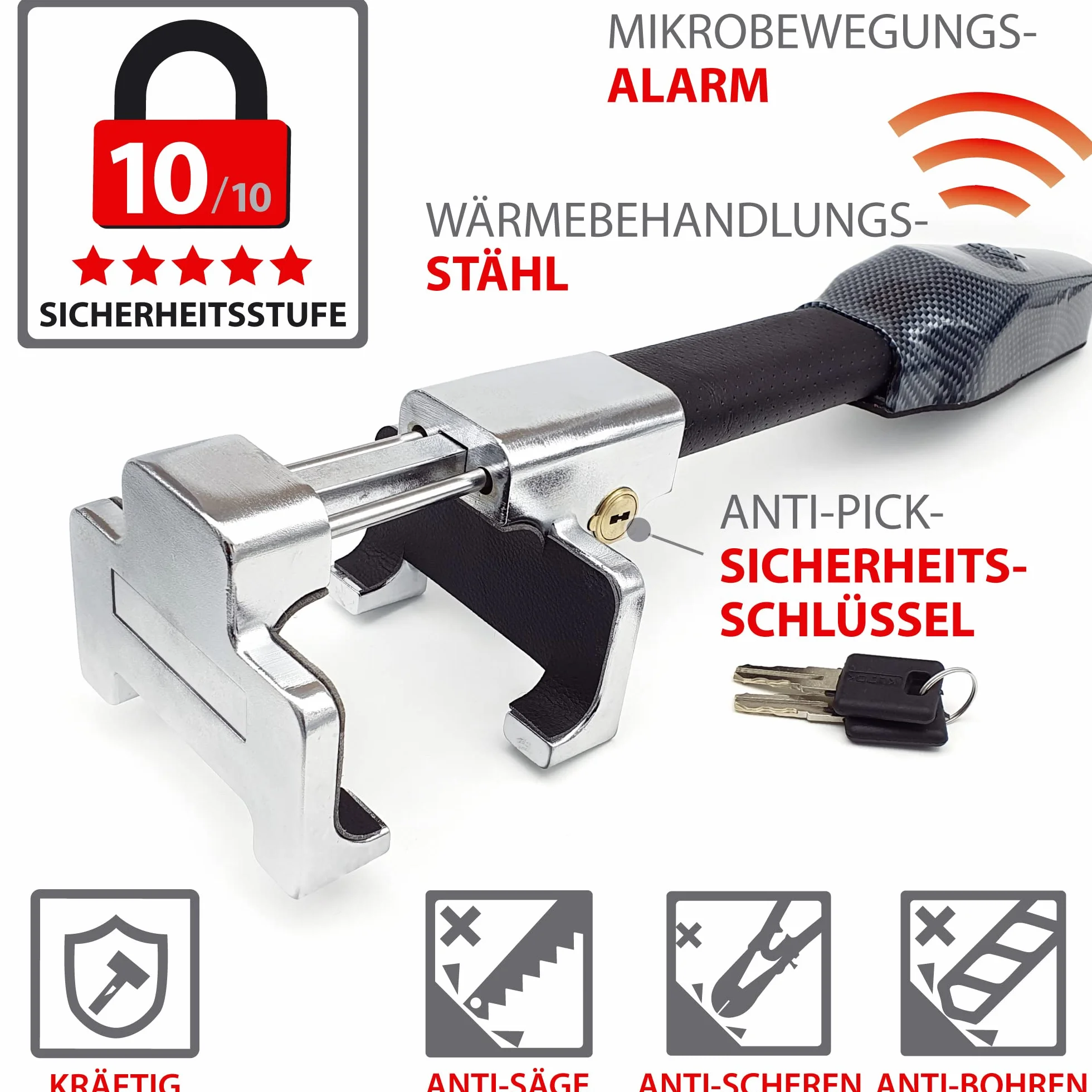 KRASER KR830 Antifurto Auto, Blocca Sterzo con Allarme 120dB, Universale