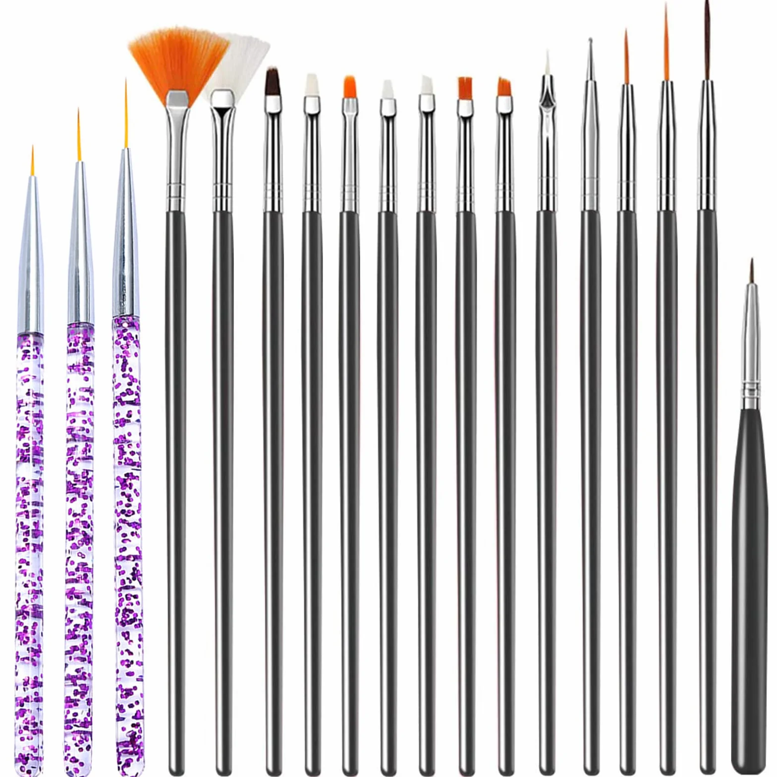 Pennelli Unghie, 15 Pezzi Nero Pennelli Unghie e 3 Pezzi Viola Pennelli per Unghie, Acrilico Gel Pennelloper Unghie Set pennelli per dettagl per Nail Art Design