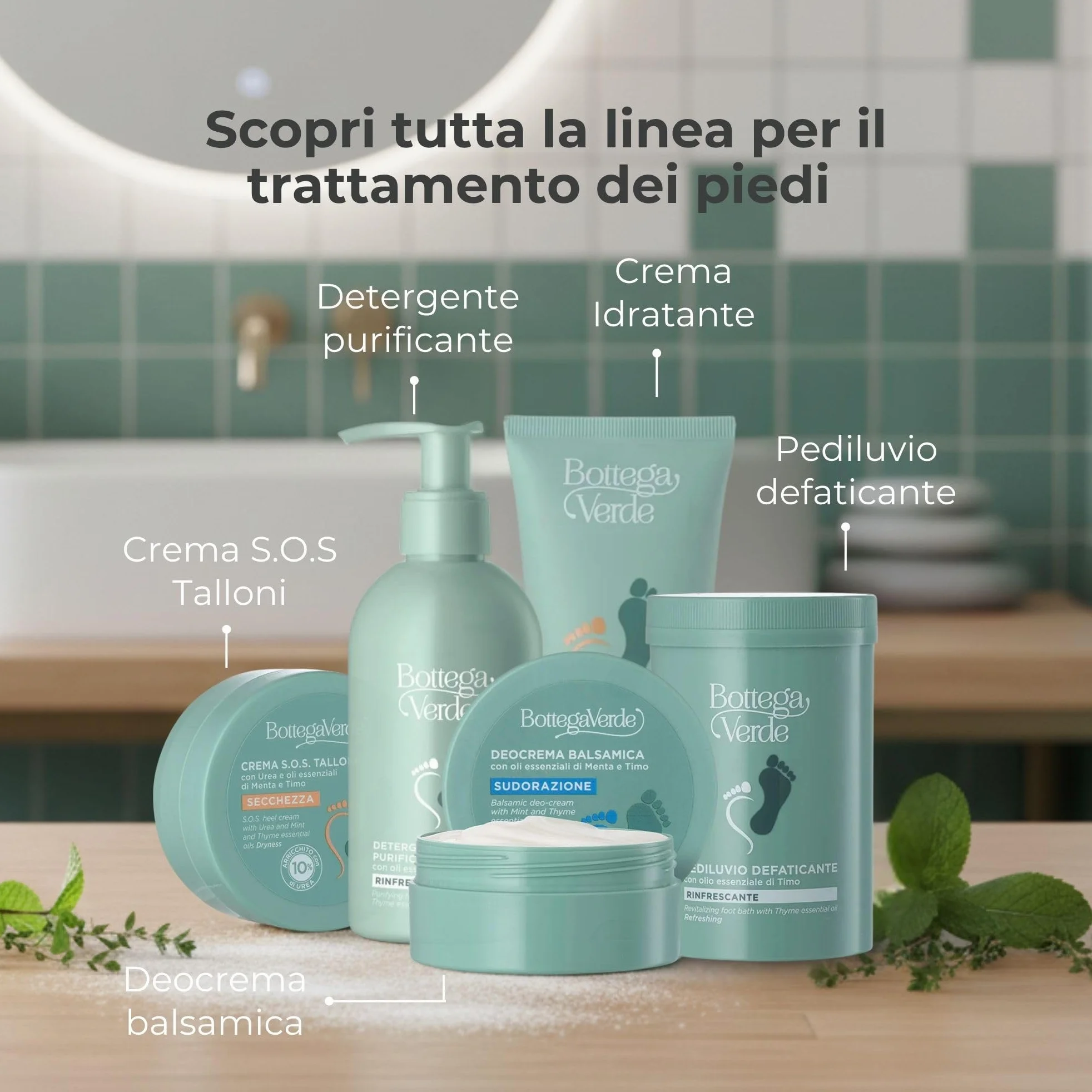 Bottega Verde - Pediluvio Defaticante, 250 g, con Olio Essenziale di Timo, Sali Rinfrescanti, Rilassanti e Rigeneranti per Piedi e Gambe