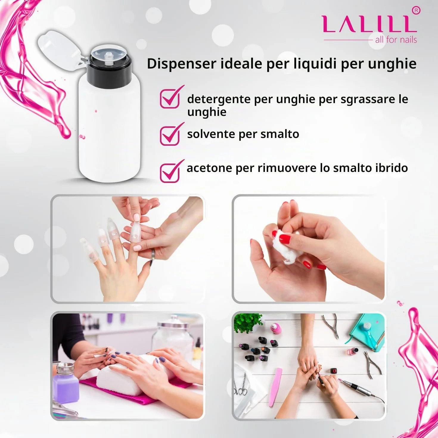 LALILL Flaconi Dosatori 2x200ml - Dispenser con Pompa per Liquidi Cosmetici - Acetone Cleaner Shampoo Lozione - Uso Professionale e Domestico