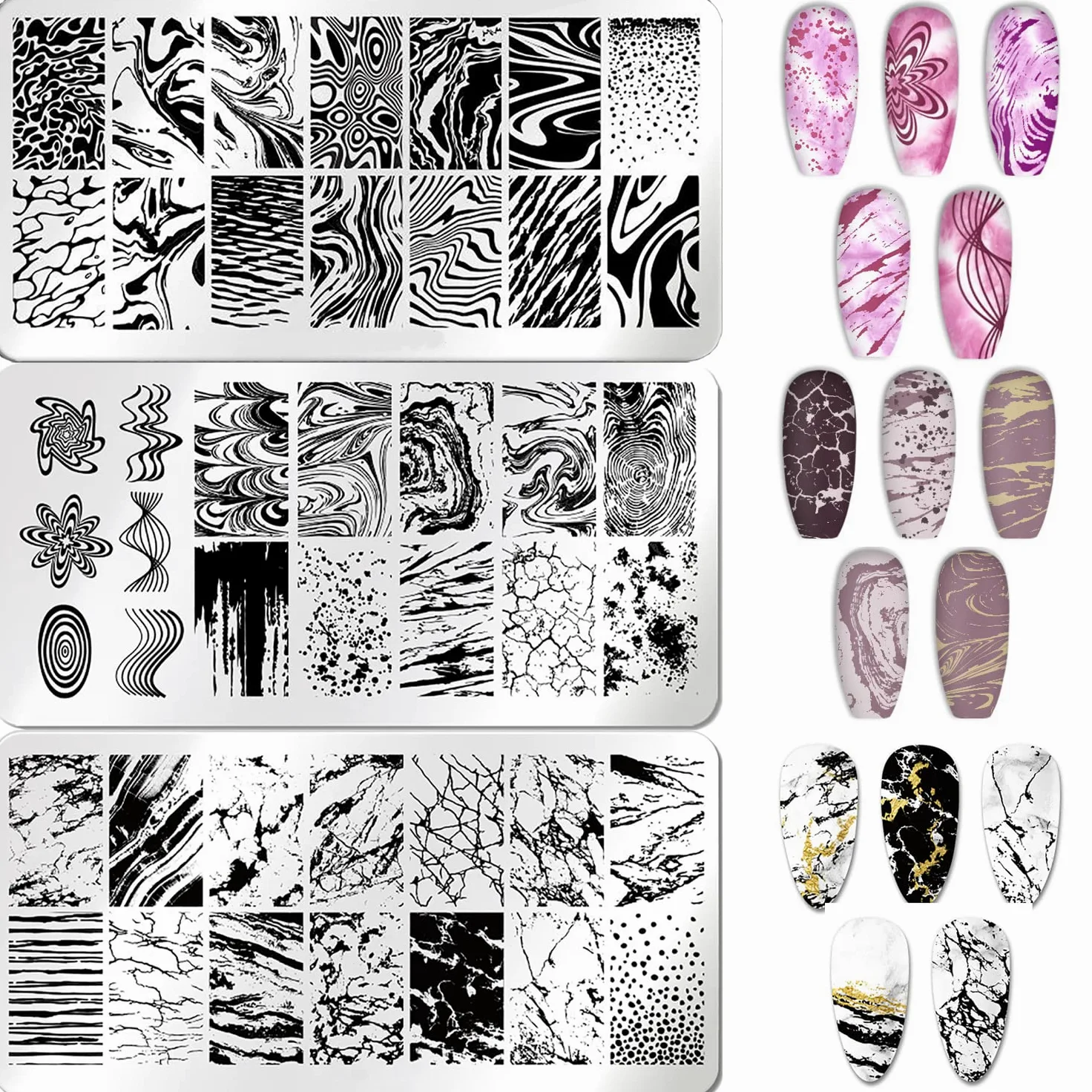 3 Pezzi Nail Stamping Piastre Francese Marmo A Strisce Nail Art Stampaggio Modello Marmorizzazione In Acciaio Inox Nail Design Stencil Strumenti