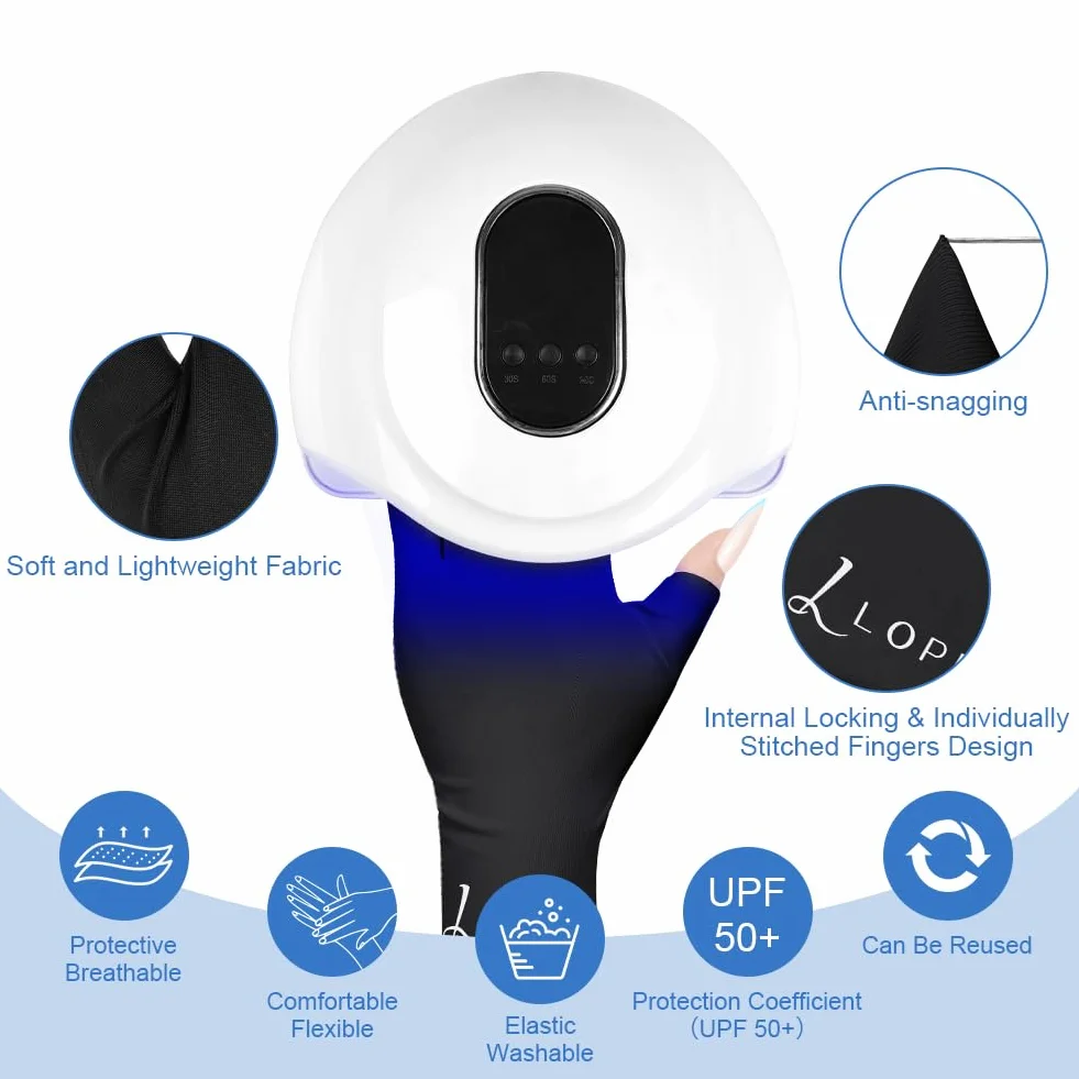 LOPHE Guanti UV per Unghie in Gel, 1 Paia UPF200+, Anti Raggi UV e UVB 999+, per Lampada per Unghie, Guanti Senza Dita per Manicure Nail Art Fai Da Te e Salone, Golf, Pesca(Nero)