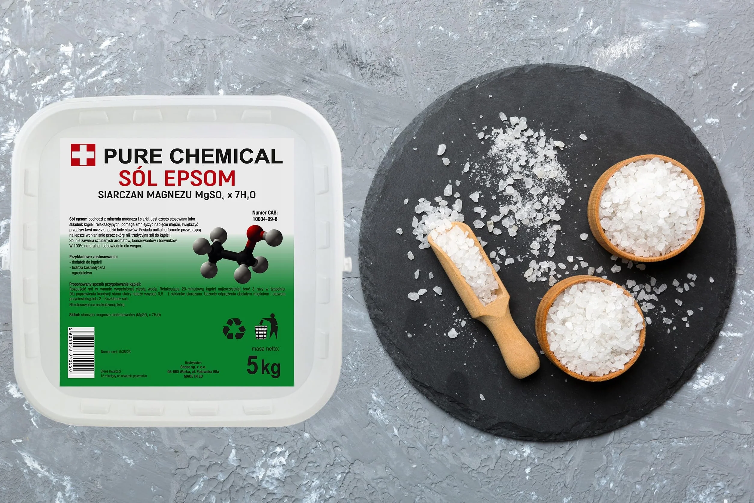 CHOSA Sale di Epsom 5kg - Solfato di Magnesio Naturale per Relax, Corpo e SPA - Cristalli Purissimi per Benessere - Sali per Bagni - Pelle Liscia - Rilassamento Muscolare