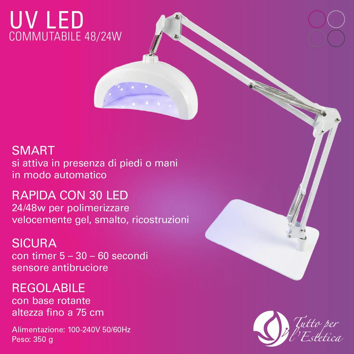 Lampada UV Led Unghie Professionali 48W con Stativo per Pedicure, Manicure ed Estetista, Regolabile e Rotante | Fornetto Unghie Semipermanente per Smalto Gel, con Attivazione Automatica