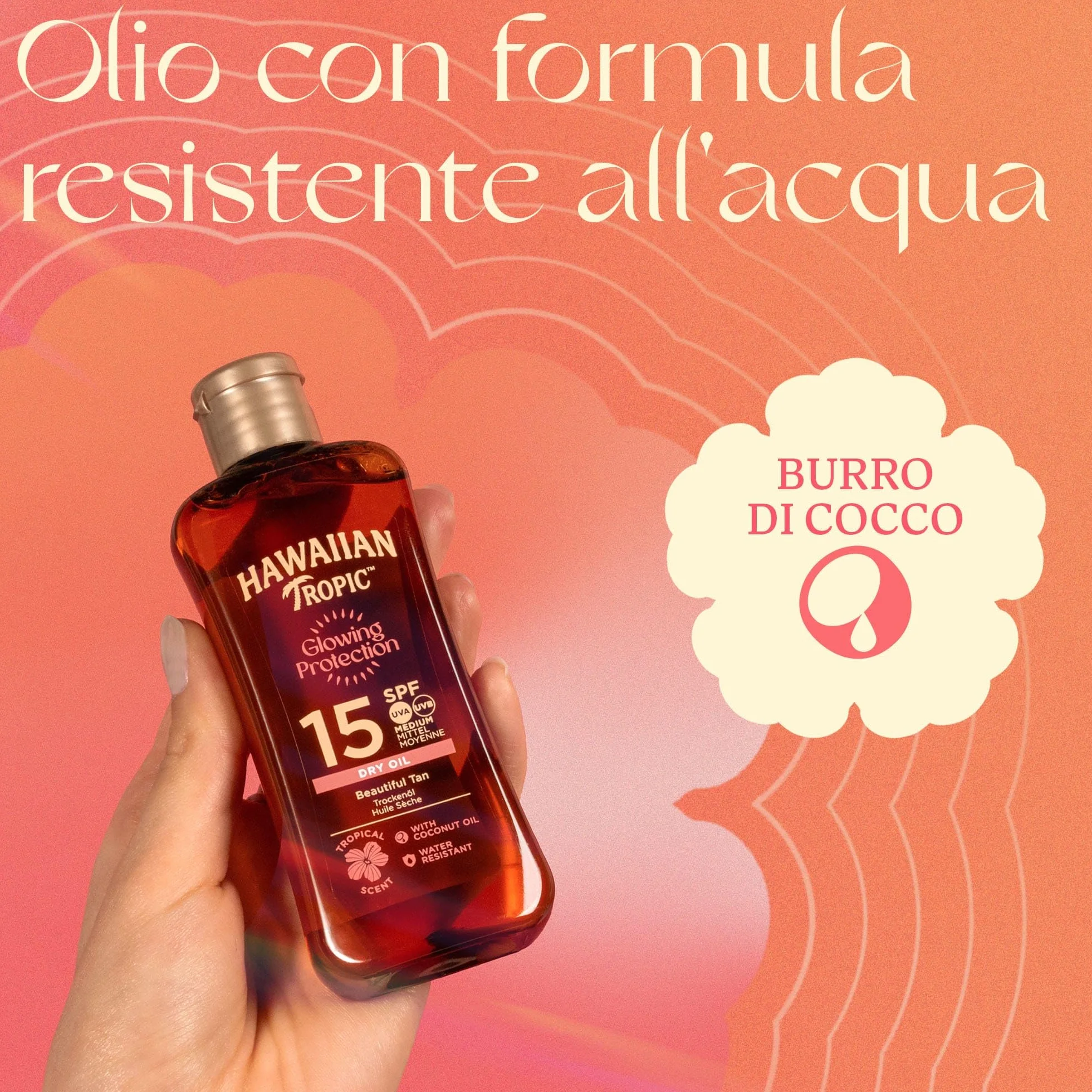 Hawaiian Tropic | Glowing Protection Olio Secco SPF 15, Formato da Viaggio, Profumazione Tropicale, con Burro di Karité, Resistente all'Acqua, Vegano