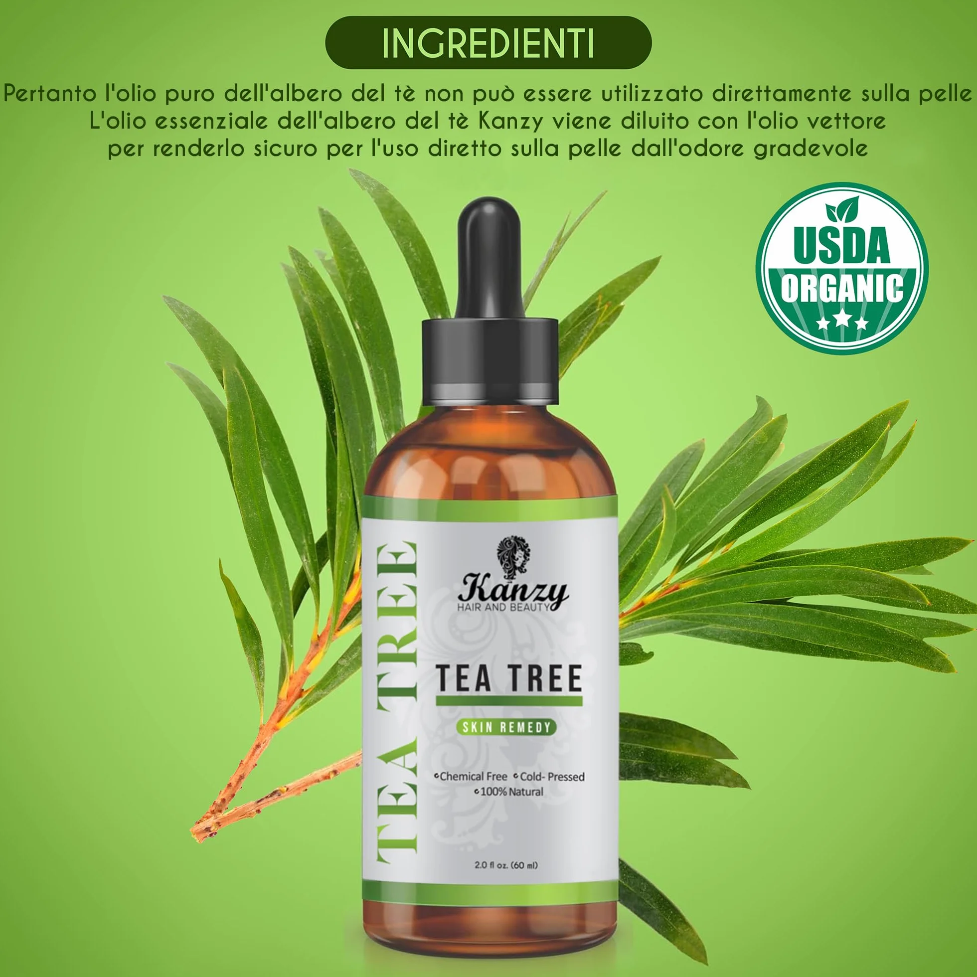 Kanzy Tea Tree Oil 60ml Olio Essenziale per Viso, Corpo, Capelli e Aromaterapia