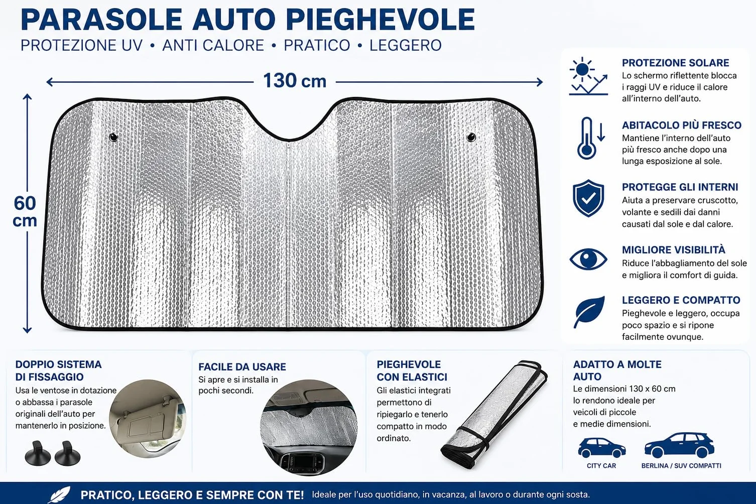 Parasole Auto Pieghevole 130x60 cm Protezione UV Schermo Riflettente Anti Calore