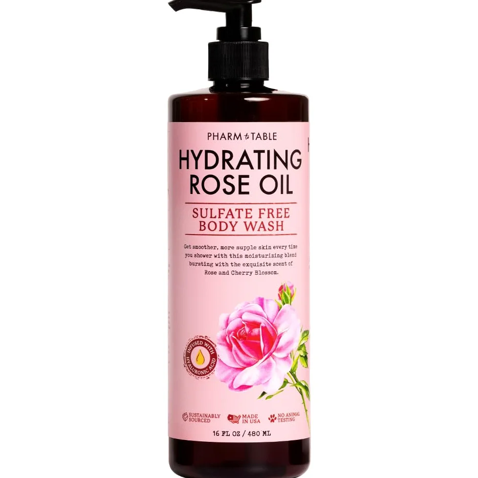 PHARM TO TABLE Gel doccia idratante con olio di rosa, per donne e uomini: idrata e illumina la pelle, senza solfati, 100% cruelty free, 480 ml