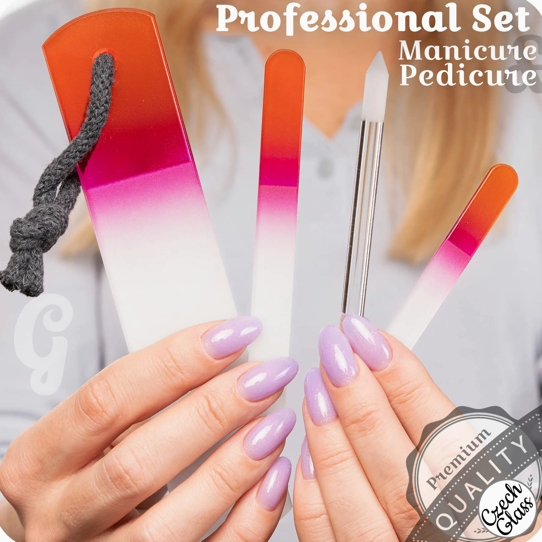 Set Lime per Unghie in Vetro Ceco - Lima per Rimozione Calli, Spingi Cuticole di Precisione, Doppia Superficie a Grana Diversa, Manicure e Pedicure, Cura Delle Unghie e Nail Art Professionale