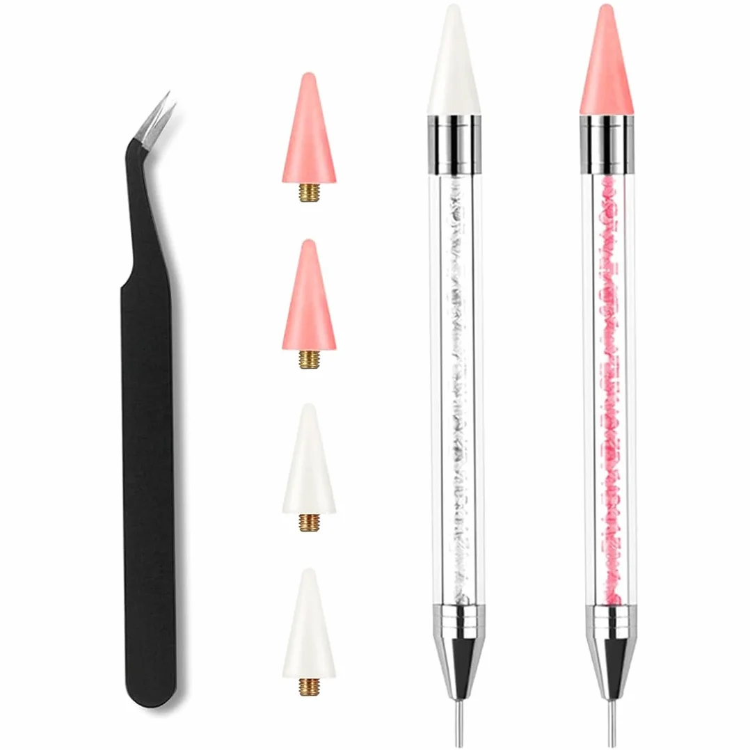 2 Set Penna di Cera per Strass Unghie con Punte di Ricambio e Pinzetta, Penna per Nail Art di Precisione, Brillantini Unghie, Strass Nail Pen per Decorazioni Unghie e DIY