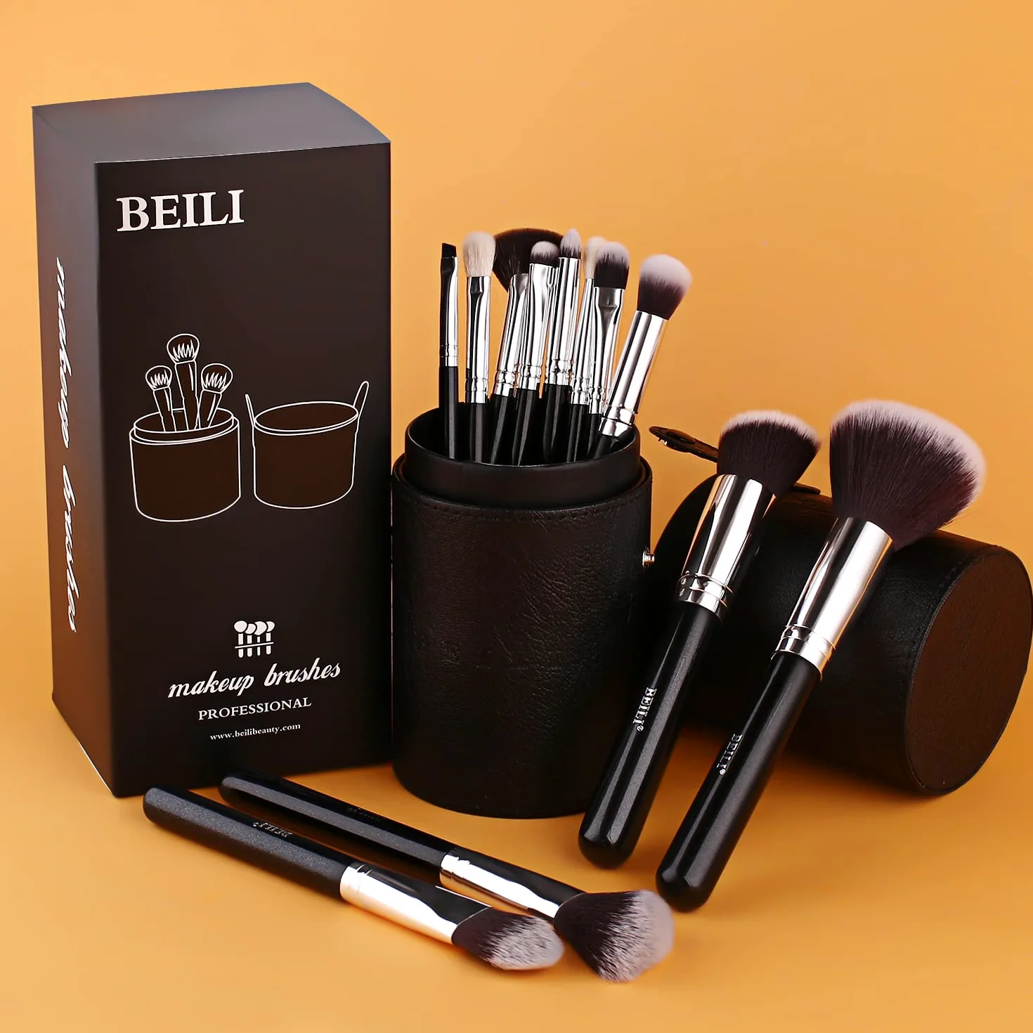 BEILI 12 pennelli da trucco con custodia per trucco, sintetico, Kabuki, fondotinta, blush, correttore, kit di pennelli per trucco completo con confezione regalo (nero)