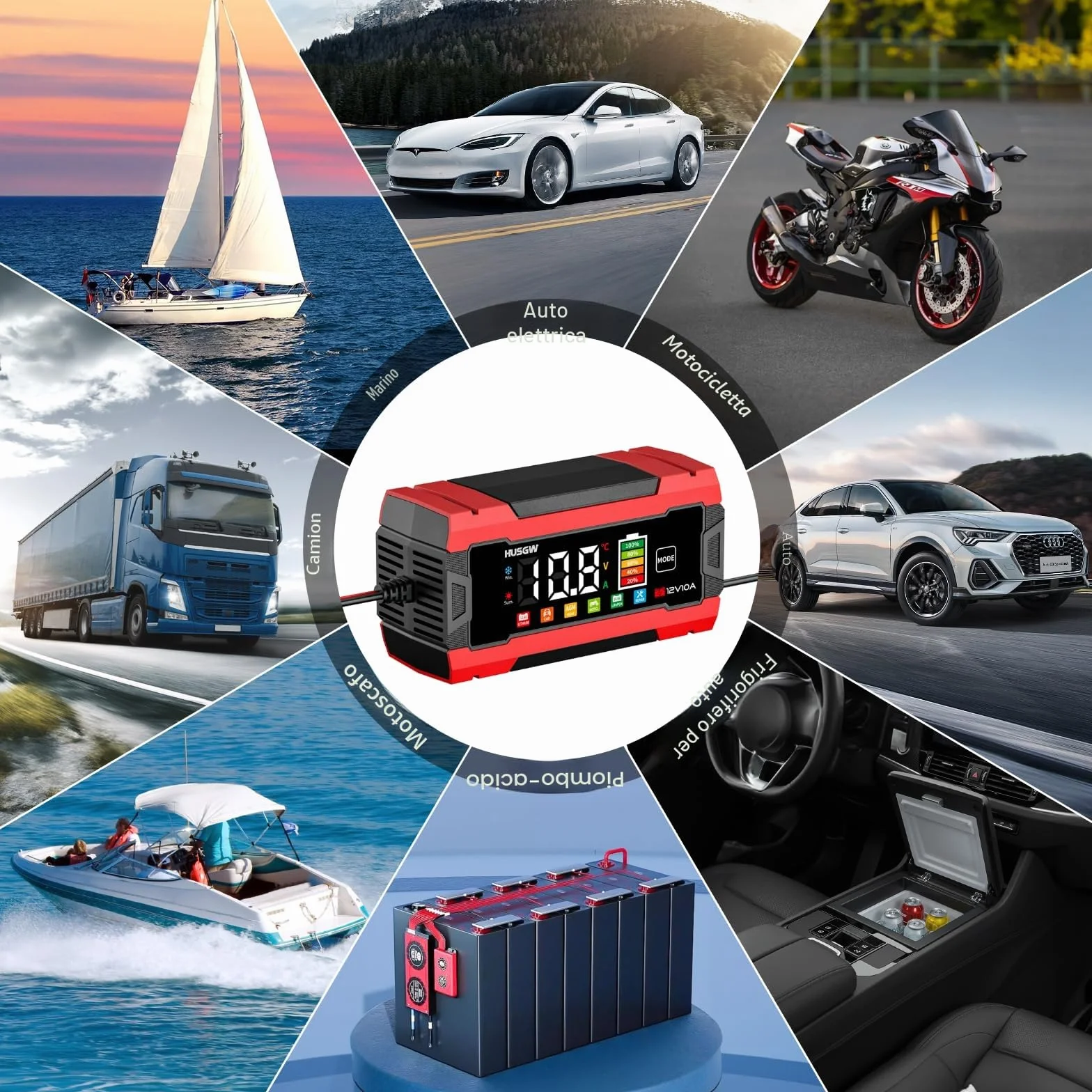 Caricabatterie LiFePO4 12V 10A per Auto Moto AGM GEL Wet SLA Rosso