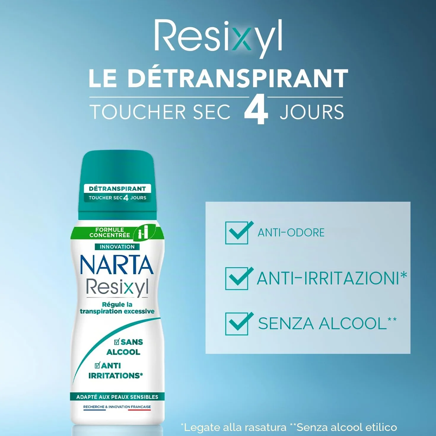 NARTA - Resixyl - Deodorante spray compresso da donna - Deodorante tattile secco 4 giorni - Sudorazione eccessiva - Anti-irritazioni* - 0% alcool** - Pelle sensibile - Anti traccia bianca - 100 ml -