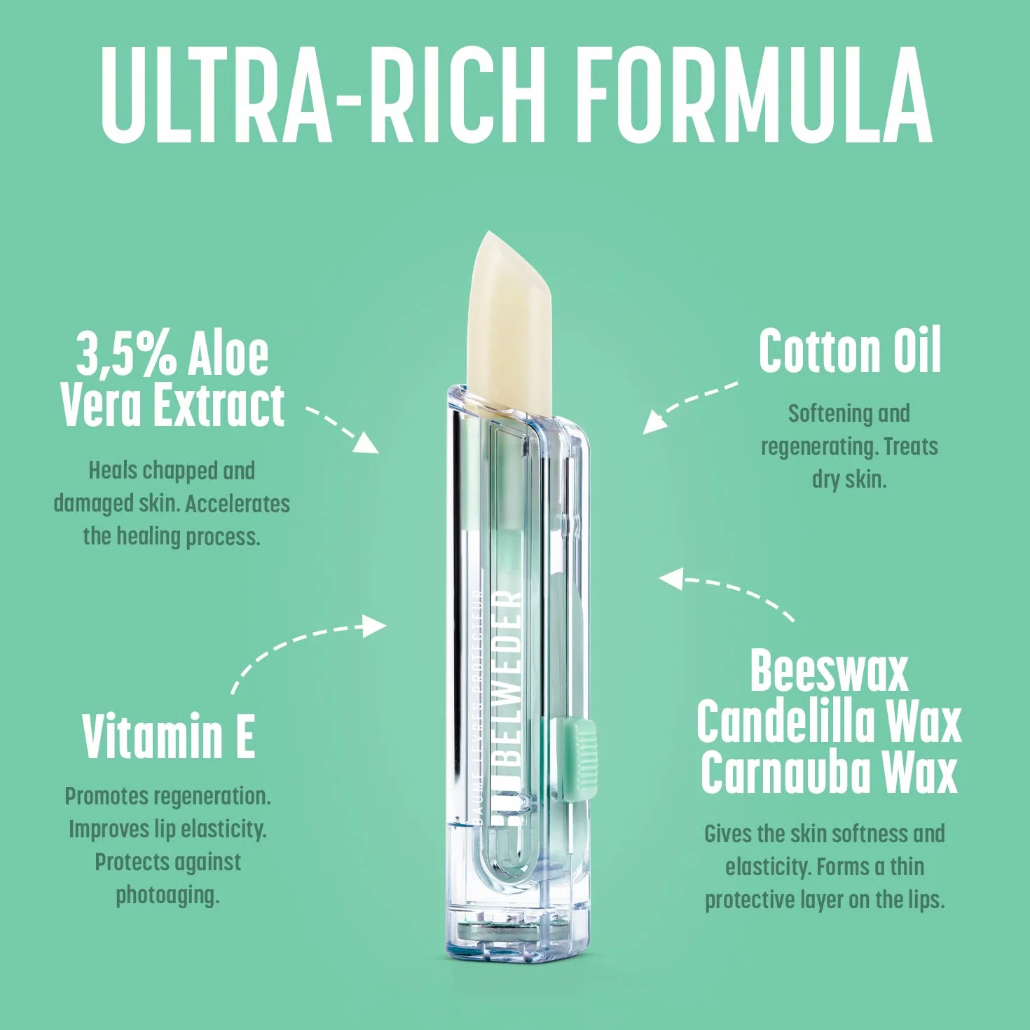 BELWEDER - Balsamo Labbra Protettivo con Aloe Vera, Vitamina E, Olio di Semi di Cotone - Balsamo Labbra Idratante - Protezione e Rigenerazione - Burrocacao Labbra Trasparente - 1 x 3,5 g