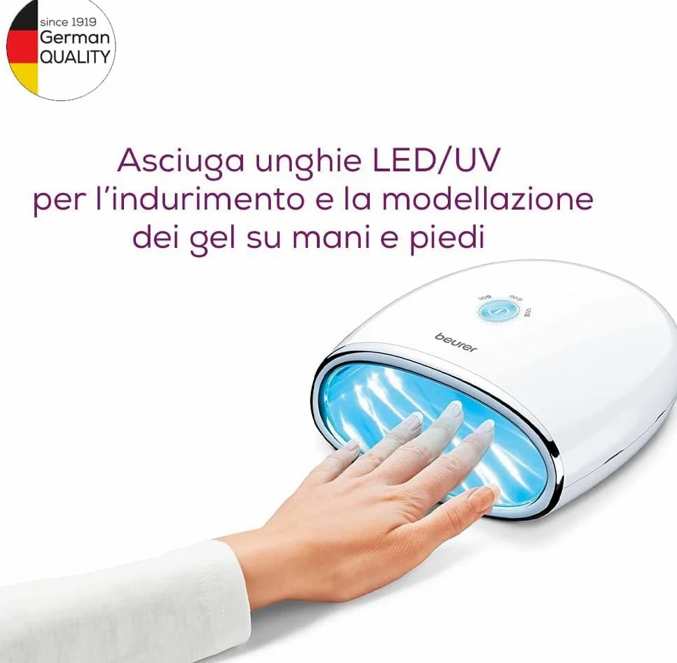 Beurer MP 48 Asciugatore Unghie per modellazione e indurimento Gel LED/UV, Funzione timer con 3 diverse impostazioni: 30, 60 e 120 sec, 18 potenti LED, fondo riflettente e design compatto, 24 W