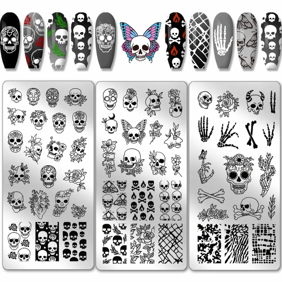 PH PandaHall 3 pz Timbro per Unghie con Teschio Gotico, 58 Modelli Scheletro Orrore Fiore Piastra per Stampaggio Unghie per Nail Design Stampa Manicure Salone Halloween