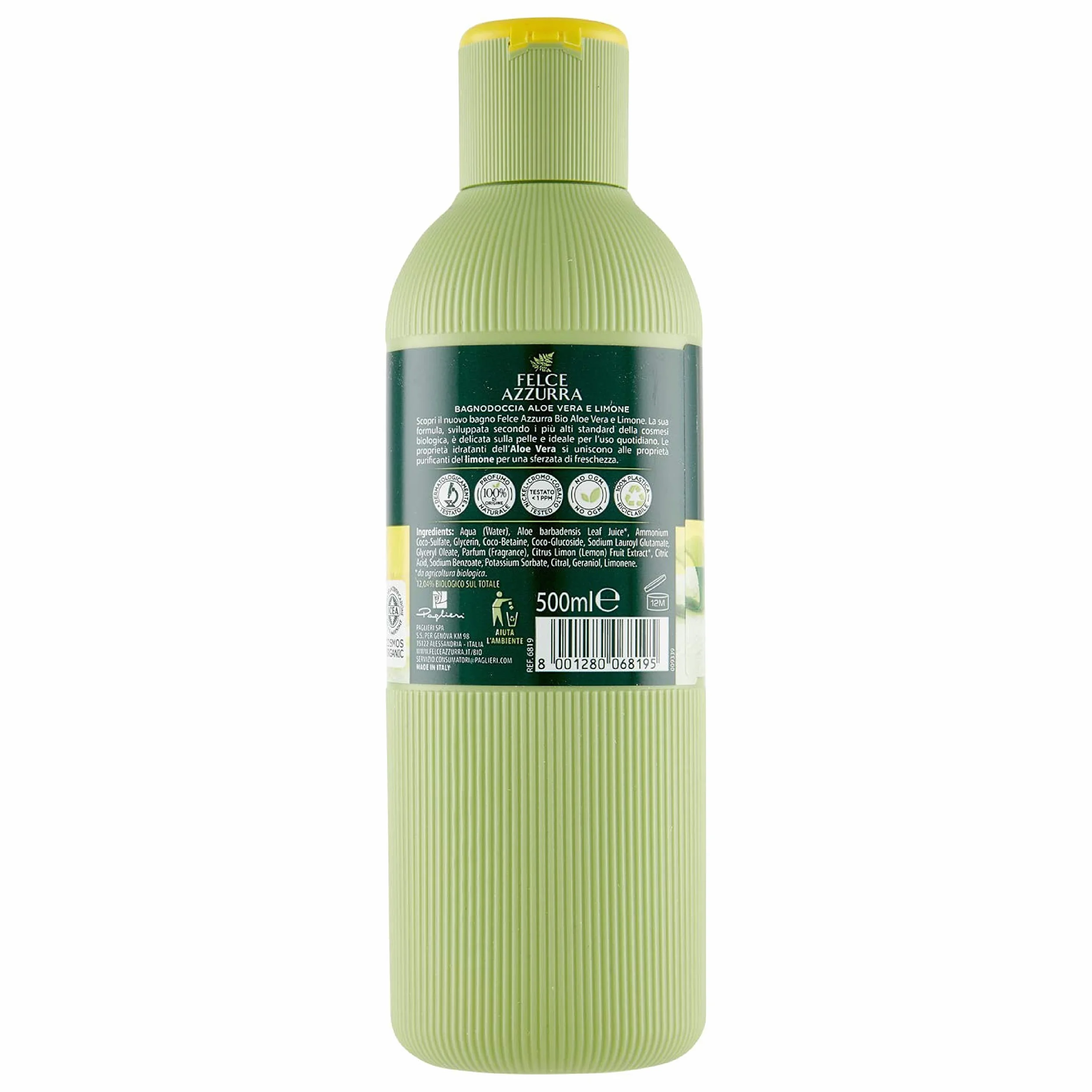 Felce Azzurra Bio - Bagnoschiuma Aloe Vera e Limone Idratante e Purificante, Bagno Schiuma Profumato Detergente Delicato per Pelle Morbida, Bagnodoccia Certificato e Dermatologicamente Testato, 500 ml