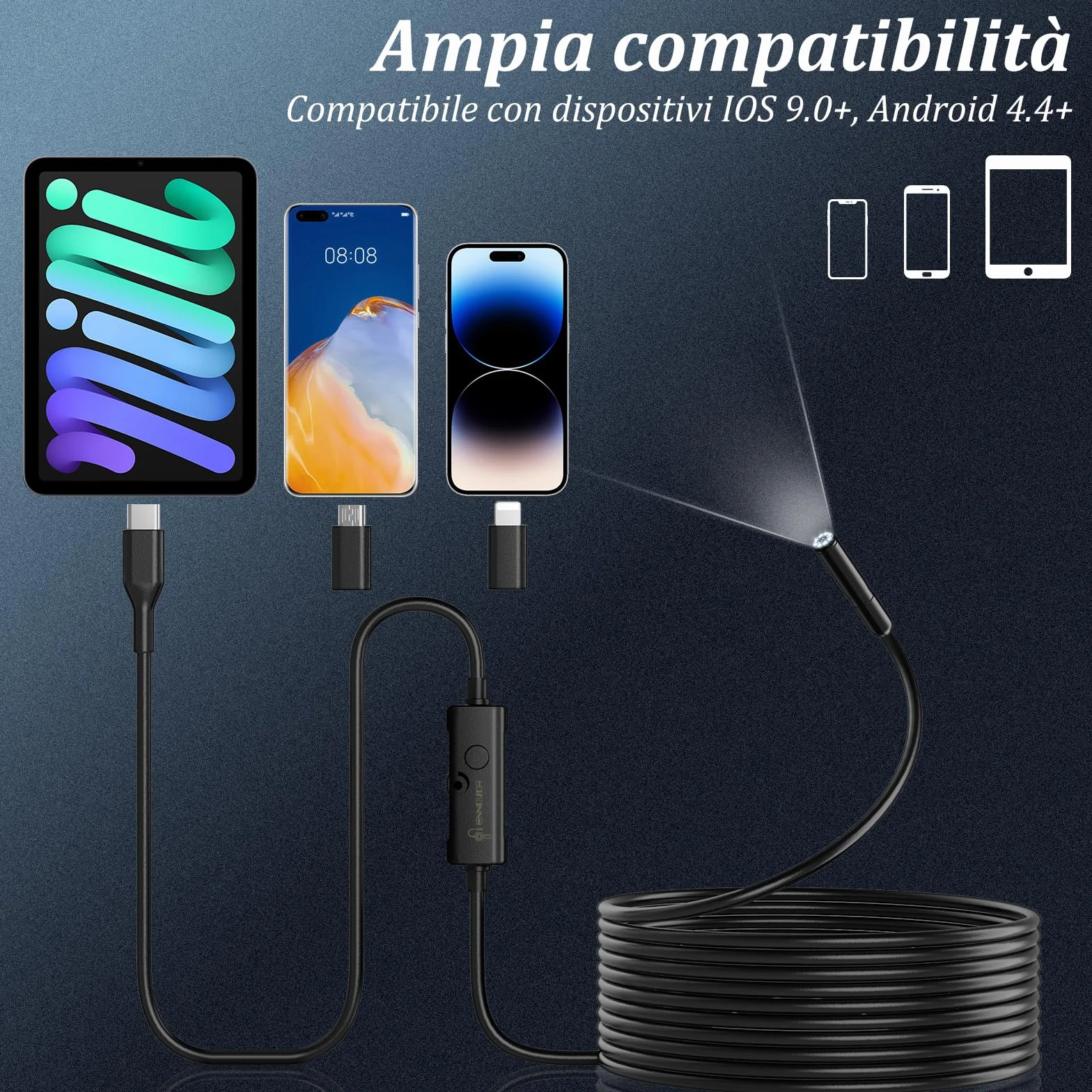 Endoscopio per Smartphone 1920P HD Telecamera Endoscopica IP67 Sonda Impermeabile 8 LED Cavo Semirigido 5m Android iOS