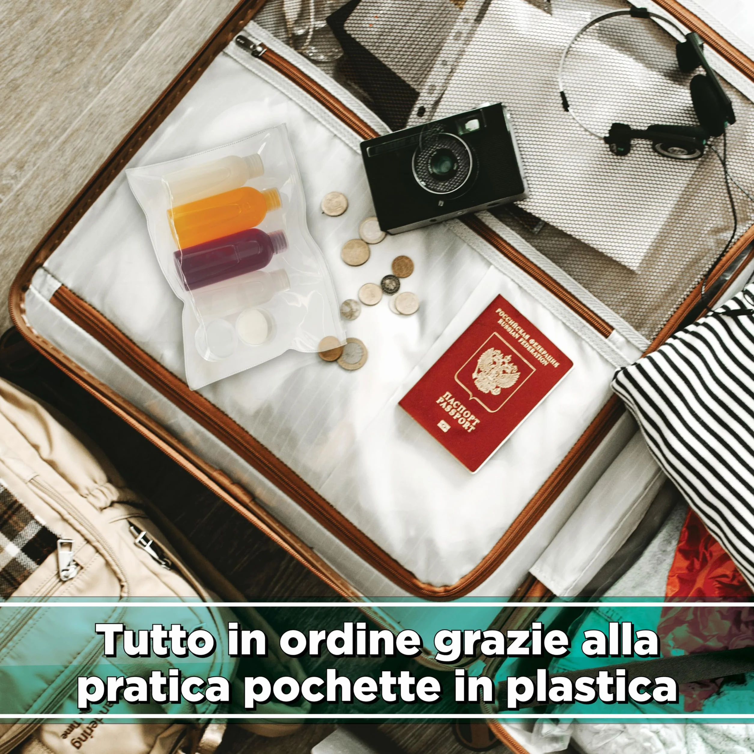 7 PZ Kit Viaggio Liquidi BENESSERE In Linea® - kit Liquidi Aereo - kit viaggio aereo - Travel kit 100 ml - Porta Liquidi da viaggio aereo - 2 flaconi 100 ml + 2 flaconi 50 ml + 2 Porta Crema / Lenti