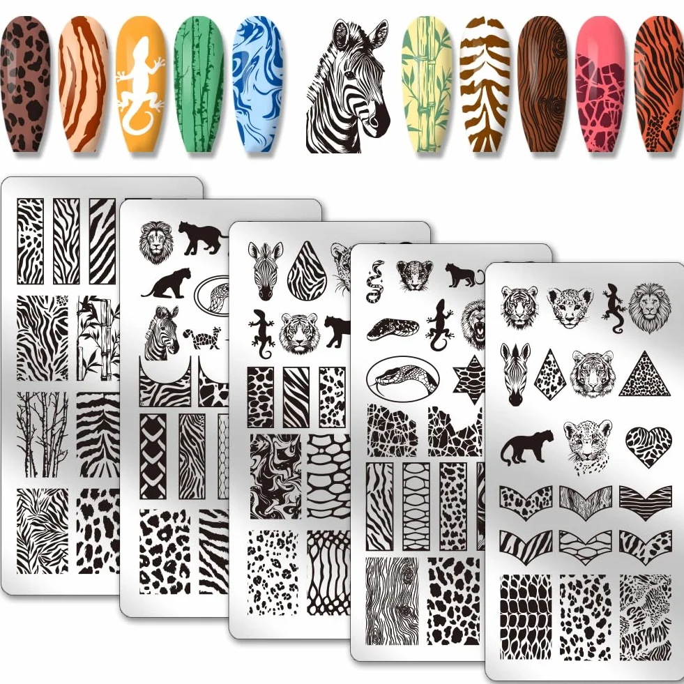 PH PandaHall 5 pz Piastre per Timbri per Unghie con Stampa Animale, Modelli per Nail Art con Stampa Leopardata Mista, Stencil per Nail Art con Tigre e Leone per Nail Art Fai Da Te, Stampa Manicure