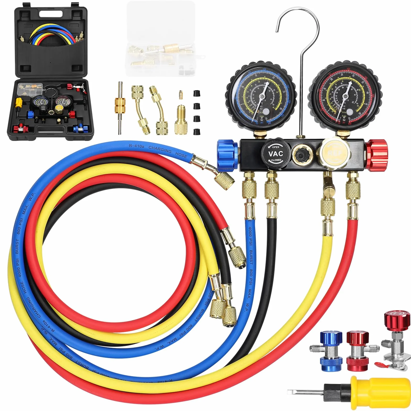 Weytoll Kit Ricarica Aria Condizionata Auto 1.5m Tubi Manometro Doppio Valore 4 Vie Refrigerante R22 R134a R410a