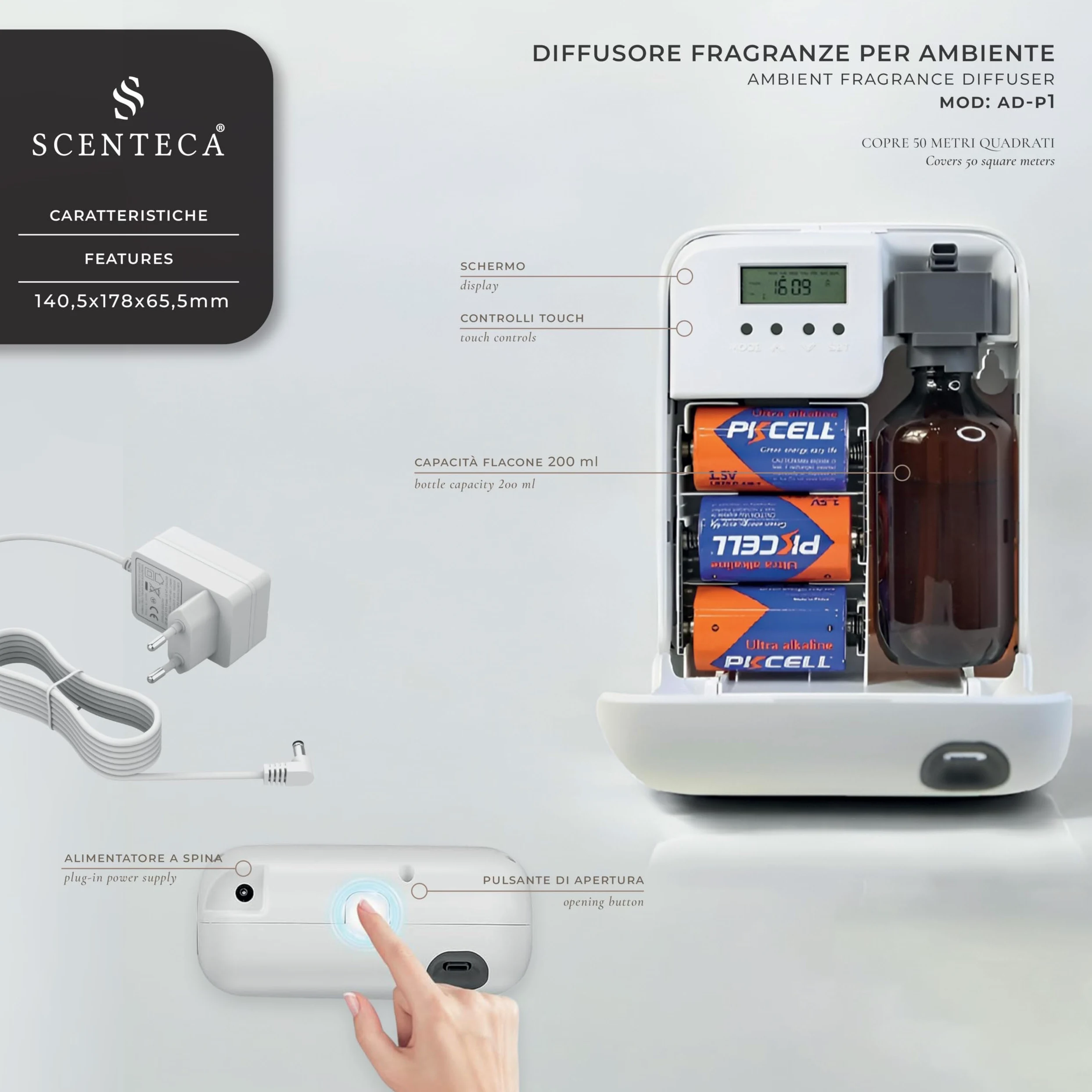 SCENTECA Diffusore elettrico di oli essenziali AD-P1, fragranza Summer Scent 100 ml Inclusa, nebulizzazione senza acqua, programmabile via app, copertura fino a 50 m²