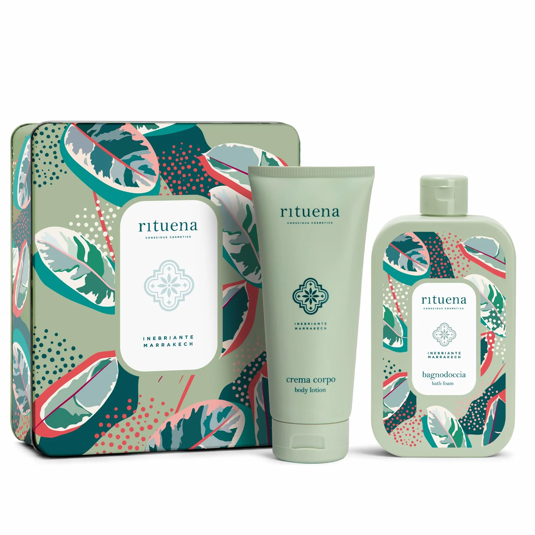 RITUENA | Inebriante Marrakech, Confezione Regalo, Docciaschiuma 400ml + Crema Corpo 200ml in Elegante Scatola in Latta, Esotica e Idratante