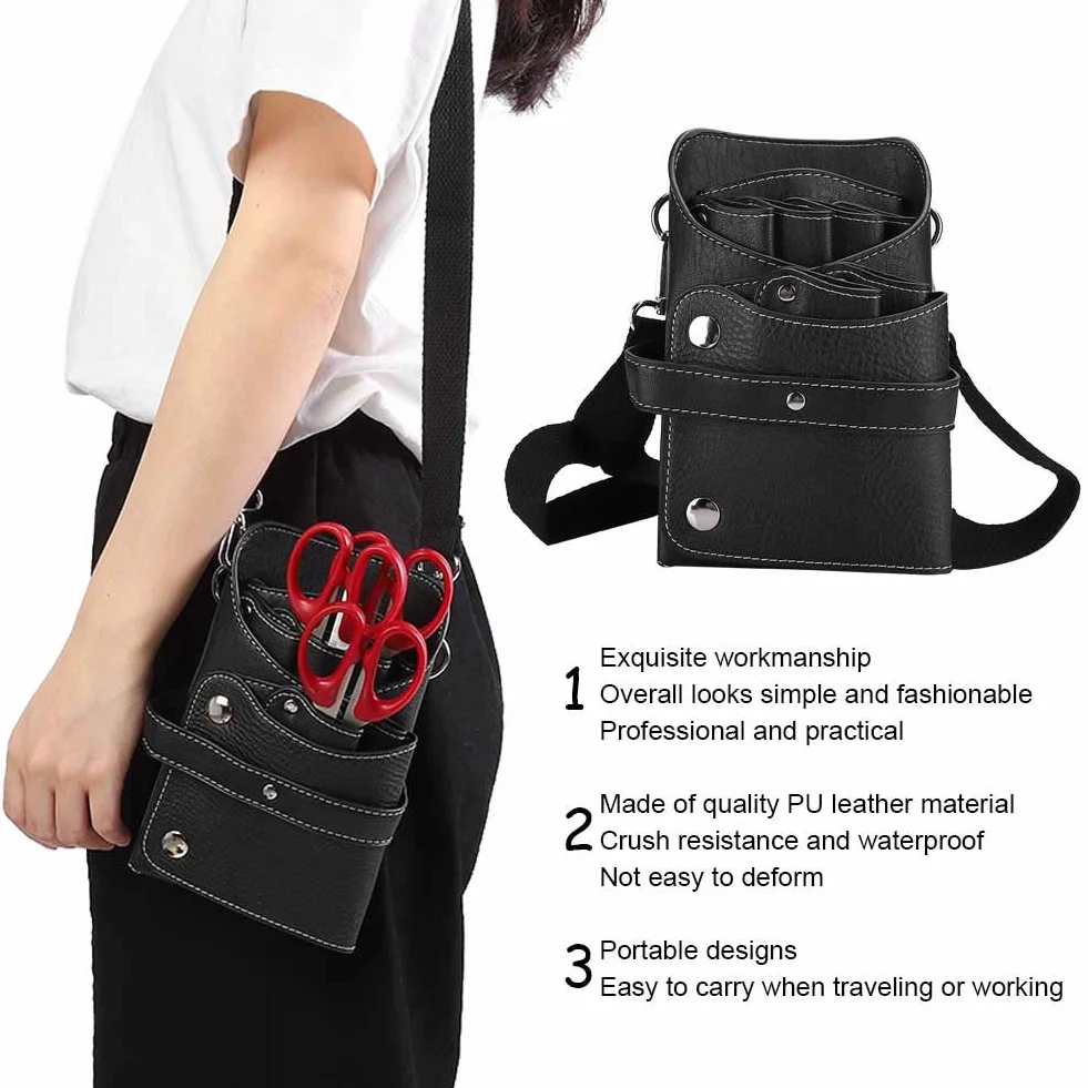 Borsa per Forbici Staccabile Marsupio da Parrucchiere Kit per Parrucchieri in Pelle PU Borsa da Barbiere Rivetto Adatto per Forbici da Parrucchiere, Clip, Pettini per Capelli (Nero)